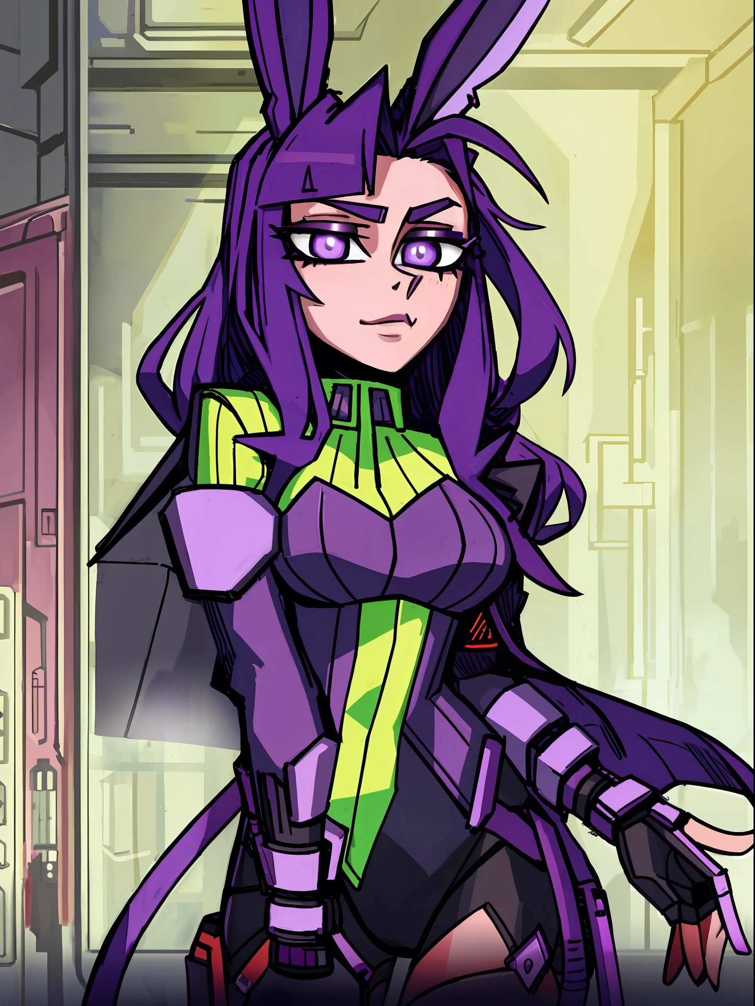 cyberpunk bunny girl with a llearher jacket and purple bunny ears, purple bangs long hair