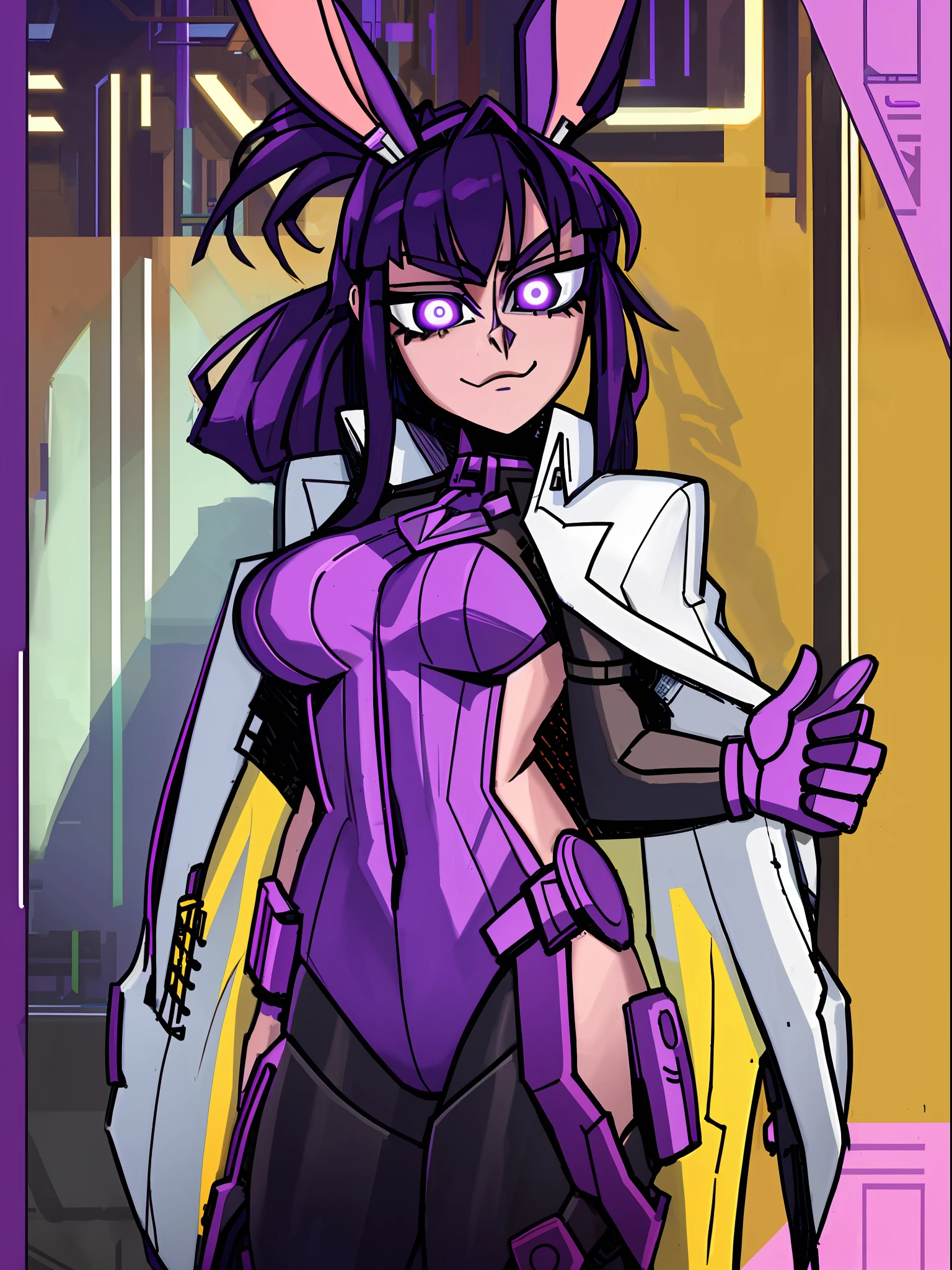 cyberpunk bunny girl with a llearher jacket and purple bunny ears, purple bangs long hair, digital painting, digital illustration, extreme detail, digital art, 4k, ultra hd