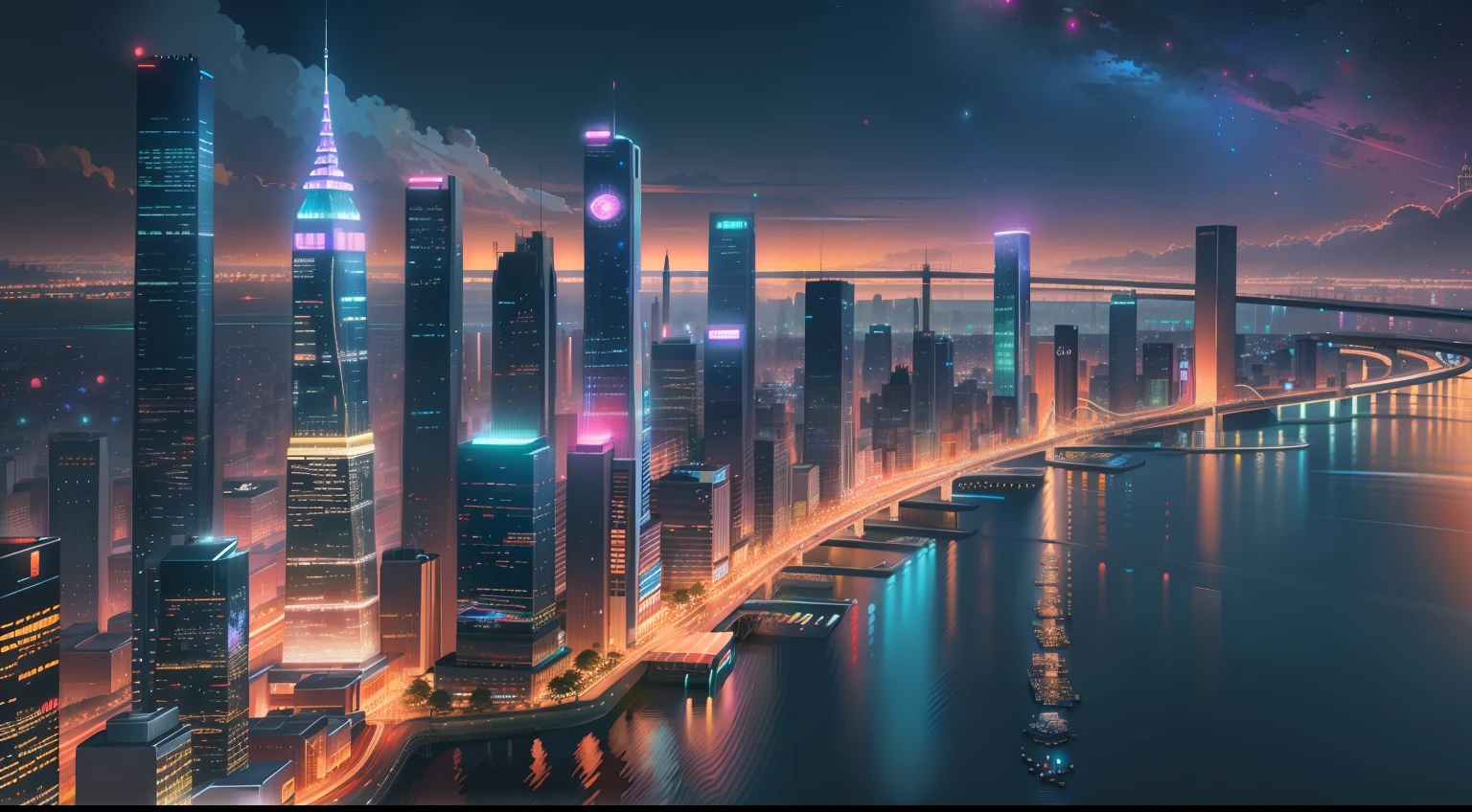 city, lights, night, masterpieces, HD, high quality, best quality, highres, high quality, high details, masterpiece, anime style, anime