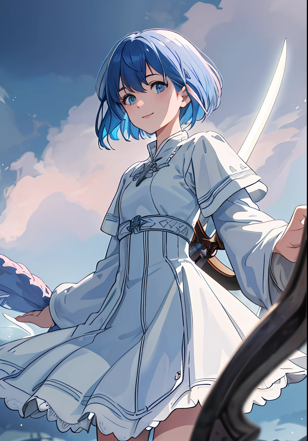 ((Masterpiece), (Best Quality)) (super detailed), (disheveled hair), photography, masterpiece, best quality, wallpaper, 1girl, short hair, sky blue hair, sky blue eyes, cute girl, , small face, short stature, short cut, droopy eyes, pink lips, delicate and slender, small breasts, smiling, white long dress, dark blue poncho, braided boots, daggers, anime, games, medieval europe ( Dramatic Lighting)), (Soft Focus) (Vibrant Colors), (Mysterious Atmosphere)