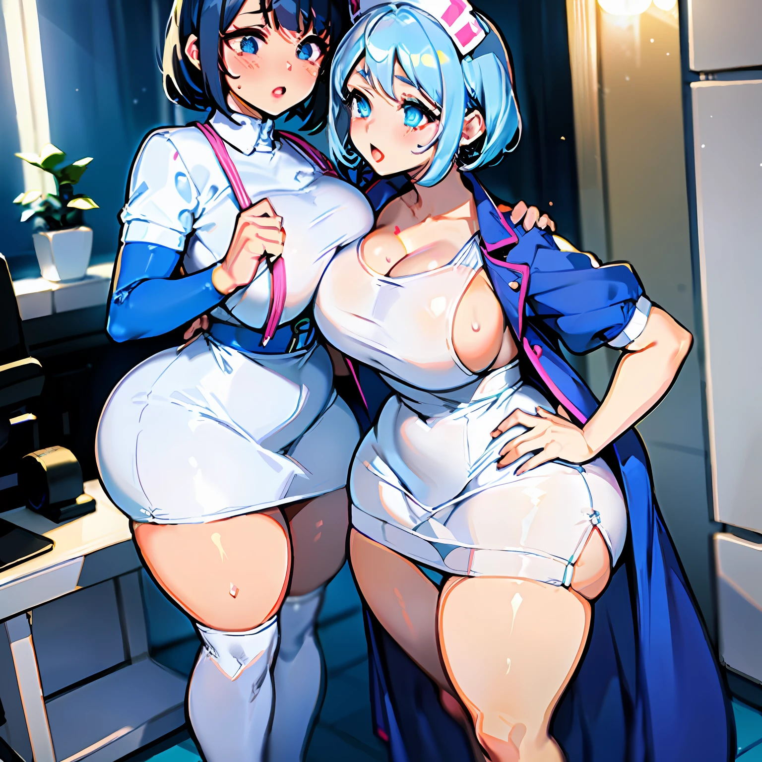 Anime girl, big butt, huge breasts, big hips, curvy girl, fleshy lips, soft skin, short hair, white and blue hair, thick legs, thick thighs, bedroom, prancing ass, sweating, botox lips, mini skirt, (nurse, kiss on the mouth, 2 girls).