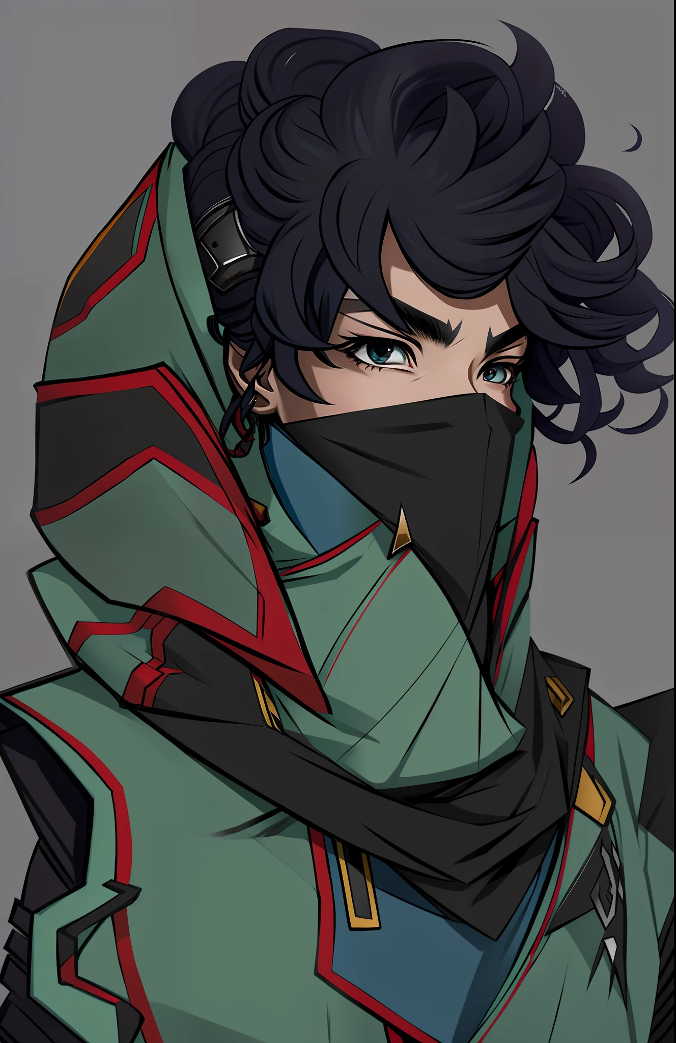 a drawing of a person with a scarf on and a hood on, unknown artstyle, sage ( valorant ), jett from valorant, portrait of a dnd character, concept headshot art, sketchy artstyle, trigger anime artstyle, detailed character portrait, afrofuturism anime, but the armor covers her face, portrait dnd, colored sketch, as a dnd character