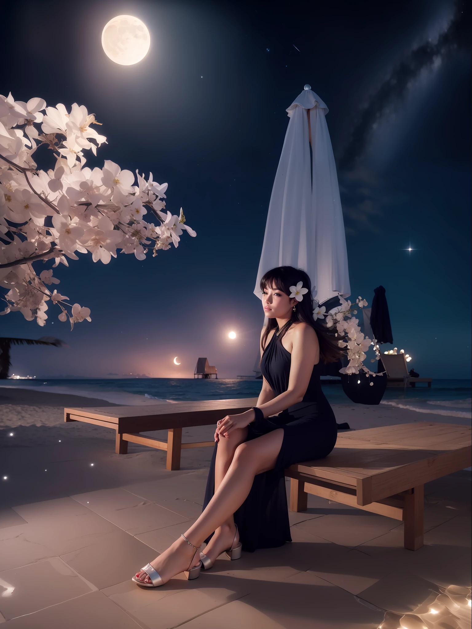 Starry night at beach, moon light, ultra detailed beautiful legs, ultra detailed beautiful toes, ultra detailed beautiful hands, ultra detailed beautiful face, beautiful girl, wearing middle high heels