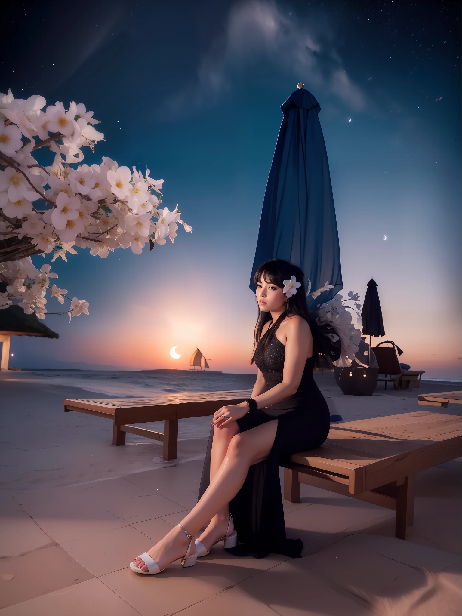 Starry night at beach, moon light, ultra detailed beautiful legs, ultra detailed beautiful toes, ultra detailed beautiful hands, ultra detailed beautiful face, beautiful girl, wearing middle high heels