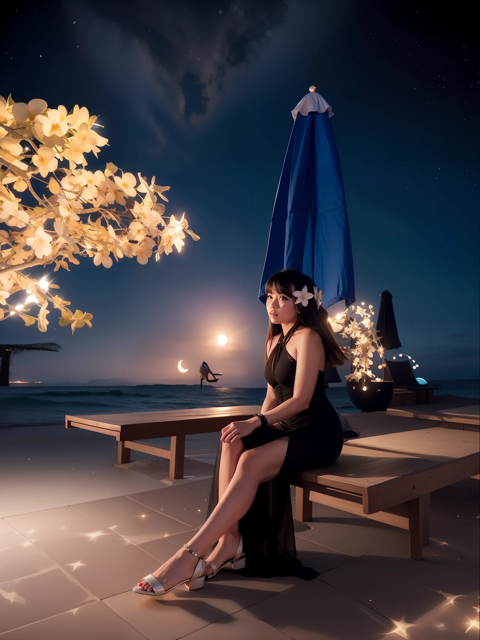 Starry night at beach, moon light, ultra detailed beautiful legs, ultra detailed beautiful toes, ultra detailed beautiful hands, ultra detailed beautiful face, beautiful girl, wearing middle high heels