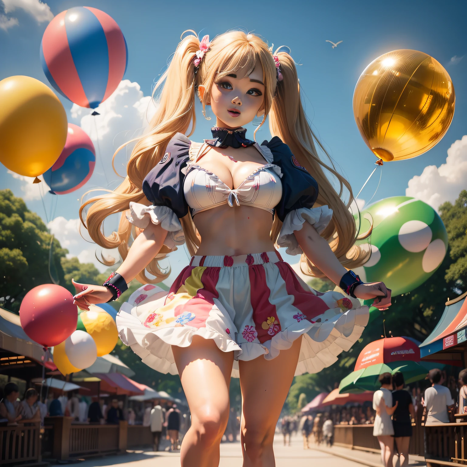 ((top quality, 8k, masterpiece: 1.3)), 1 woman, full body, smiling beautiful girl with lots of balloons floating in the sky, (blonde, twin tails) (big: 1.3, cleavage), cut abs, revealing, colorful clown outfit, ultra detailed face, (detailed eyes, double eyelids, color contacts, eye catch, catch light, long eyelashes), Summarex 85 mm, f /  1.4, ISO 100, Ueno Park,