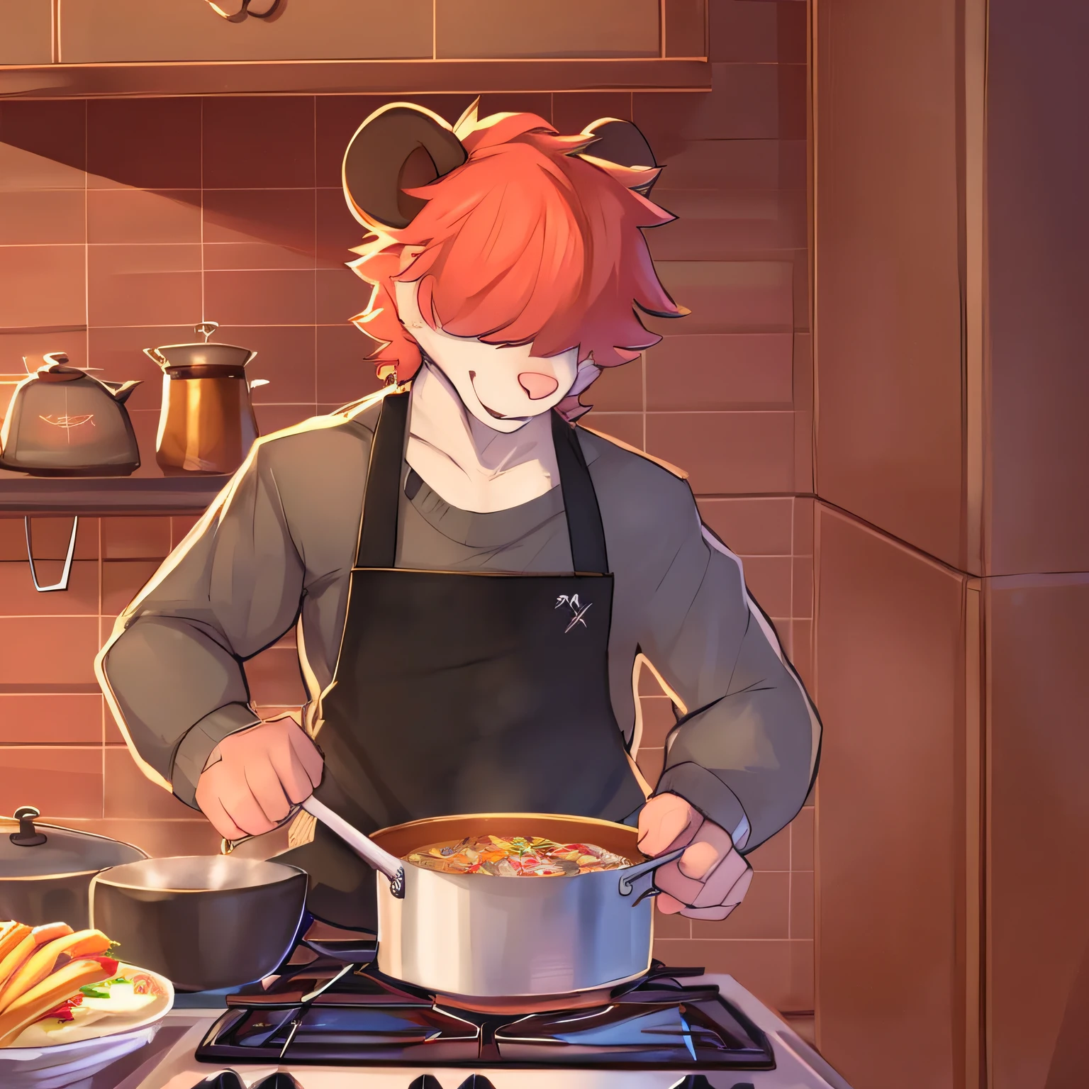 thin male solo cartoon possum by zackary911 hair over eyes, in cooking pot, kitchen, sandwich, food