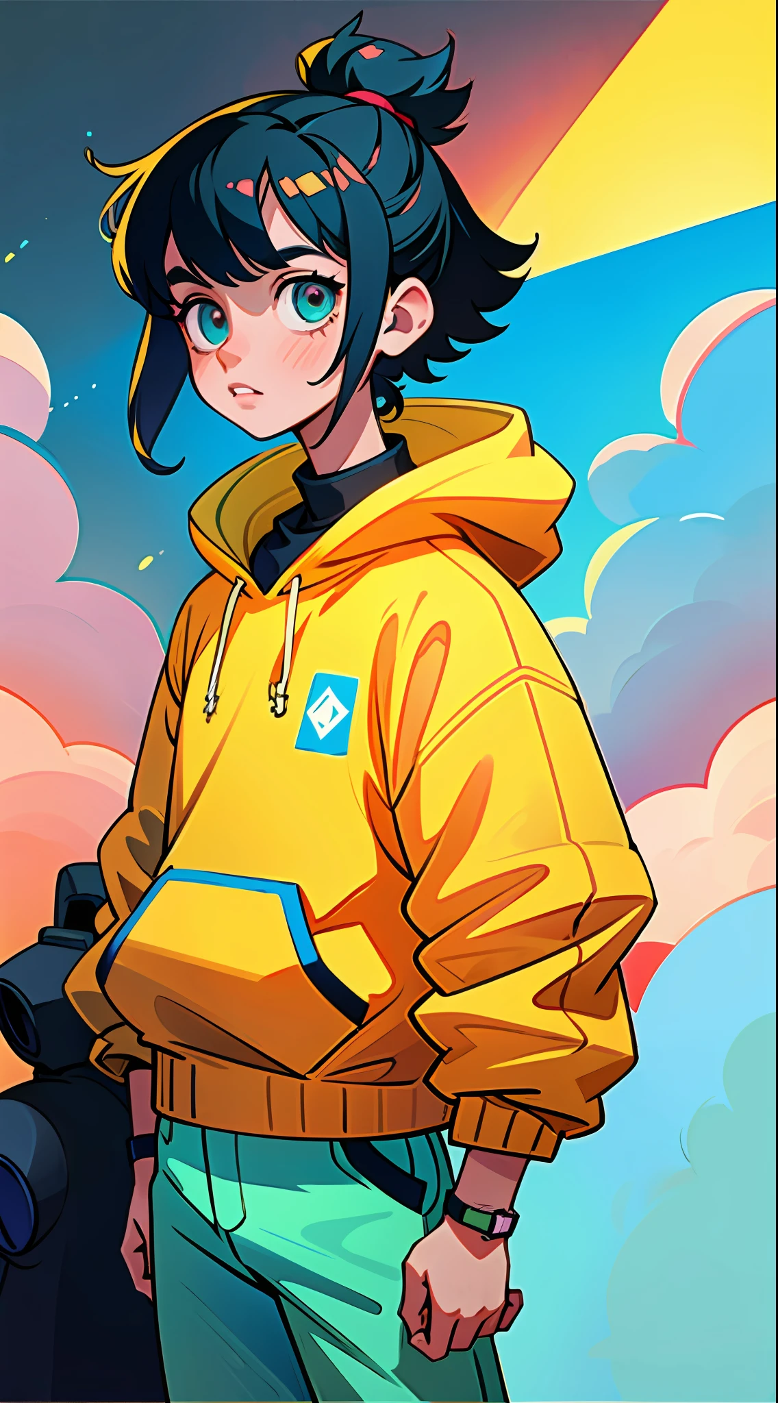 (Best quality, masterpiece), a girl, a little boy, a middle-aged man, cyberpunk, sweatshirt, neon, cloudy sky, (cartoon: 1.5)