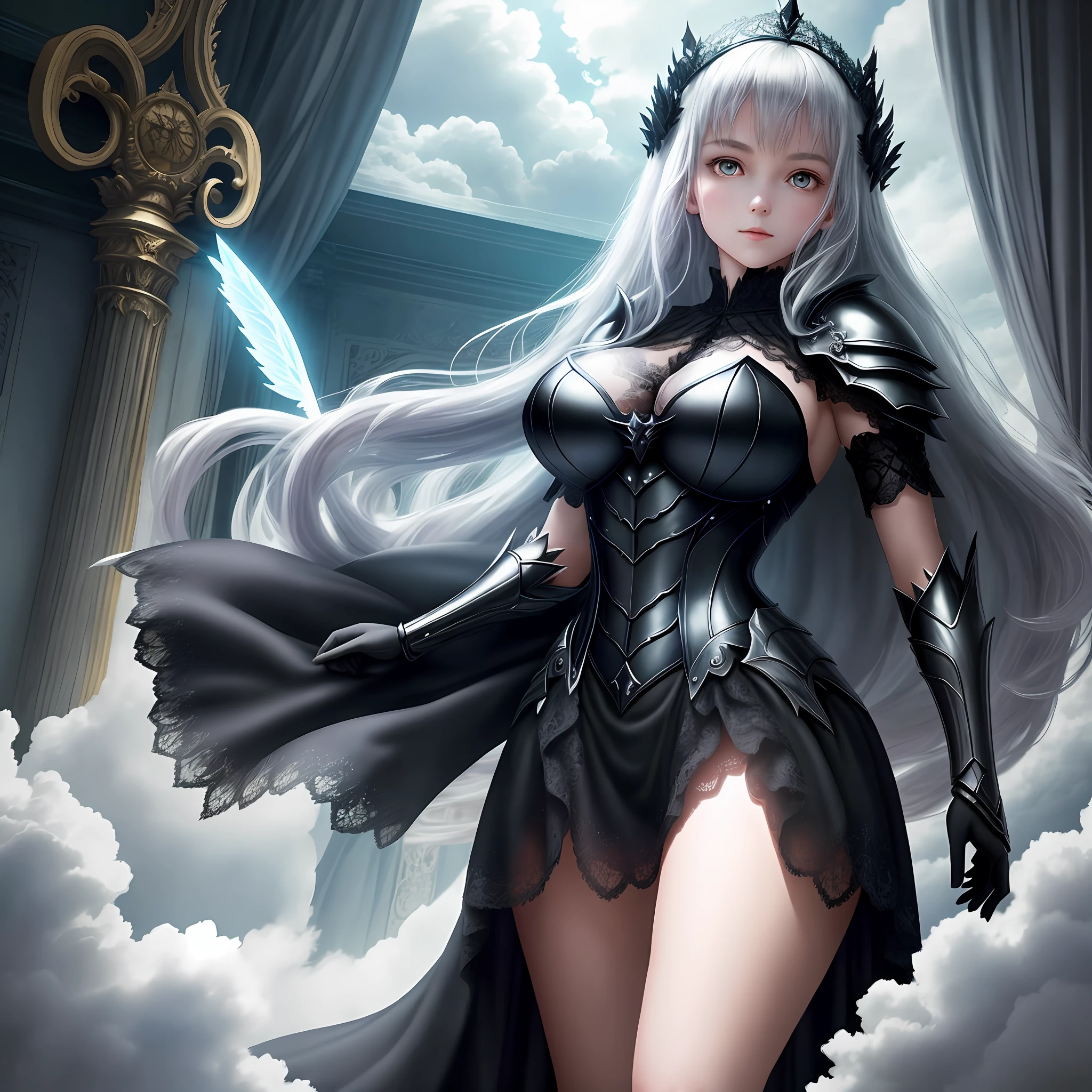 Full body fairy, lace armor, glowing eyes, flying sky, clouds, room, exposed, queen, big breasts, black silk