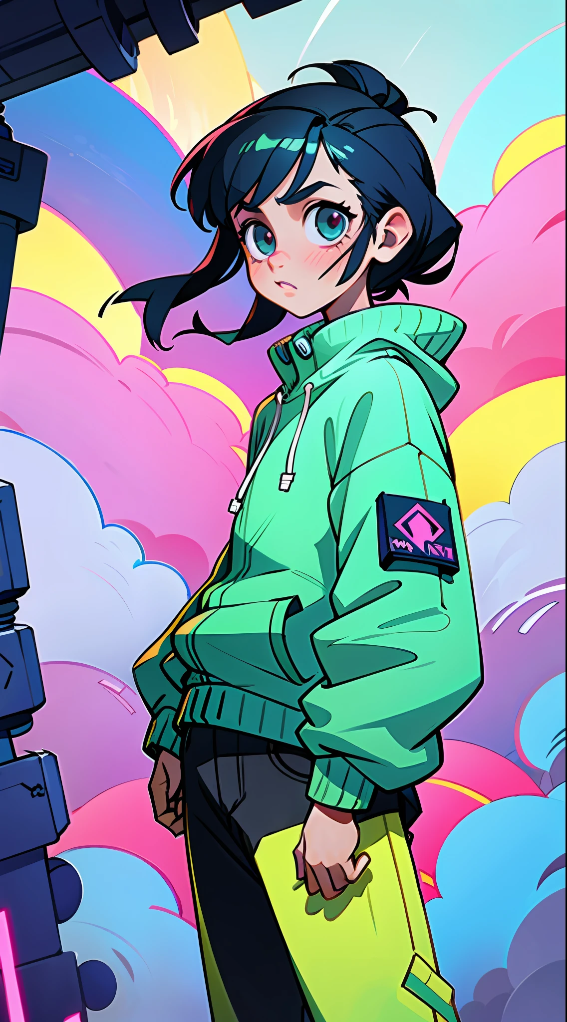 (Best quality, masterpiece), a girl, a , a middle-aged man, cyberpunk, sweatshirt, neon, cloudy sky, (cartoon: 1.5)