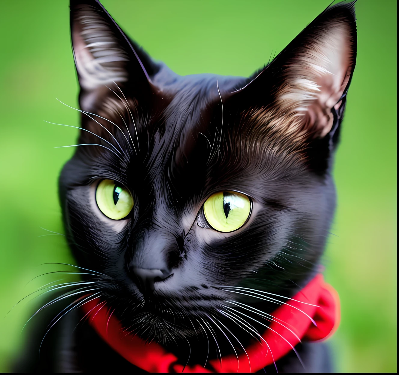 Create a black cat with green eyes, (details) , (red scarf)