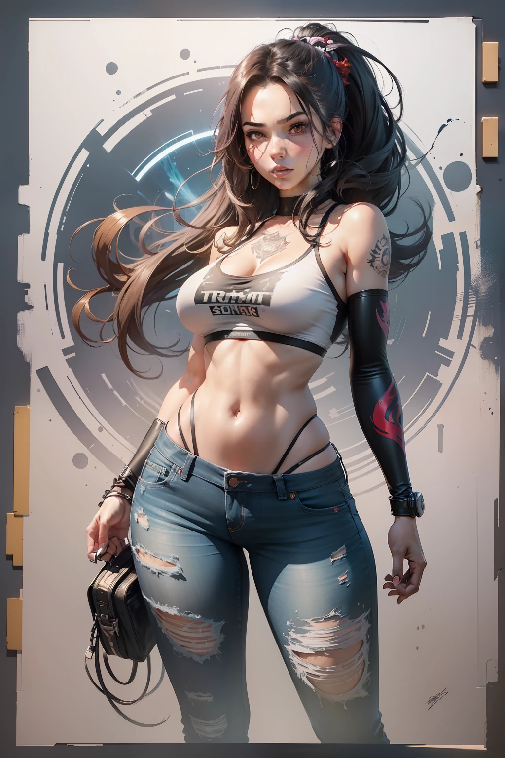:: comix style by Serg Acuna:: beautiful, perfect and detailed, ultra detailed anime style mmorpg last origin clothes with tatoon designs and colors of light pink, black, white and gray, in various full-body attack poses and with immersive effects, hover effect, background graffiti style with vibrant colors "ultra HDR" detailed and with focus effect, with black all star converse sneakers (masterpiece: 1.2, best quality), (finely detailed beautiful eyes: 1.2), ((1Girl Kelly Brook Beautiful Woman )),long, straight black hair, with a natural glow and stuck like a ponytail ((Solo)), (Red Eyes:1.4), (Finely detailed eyes and detailed face:1.3),), (With ULTRA DETAILED jeans and a white t-shirt with ultra detailed tatoom print throughout:1.3), (Beautiful and clear background:1.2), (Extremely detailed CG, Ultra-detailed, Best Shadow:1.1),("" character demonstrating his super power in the fist"")((Depth of field and blur)), ((Watercolor)), Large breasts, Bare shoulders, Flowers and petals, Beautiful conceptual illustration , (white background:0.5), (Illustration :1.1), (extremely thin and beautiful: 1.1), (perfect details: 1.1) graffiti style background, freedom, soul, digital illustration, perfect ???????, centered, approaching perfection, dynamic, highly detailed, watercolor painting, artstation, conceptual art, smooth, sharp focus, illustration, art by meat Griffiths and Wadim Kashin, heterochromia, perfect ???????, centered, approaching perfection, dynamic, highly detailed, character sheet, artstation, conceptual art, smooth, sharp focus, illustration, art by Kim Jung Gi,, Artgerm, Carne Griffiths and Wadim Kashin , Sasha Yakovleva, Loish, Jeremy Mann, Full Body Shot, Character Sheet, Lightning Wave, Beautiful Anime Watercolor Painting, Paint Dripping by Tim Okamura, Victor NizoVTSEV, Greg Rutkowski, Noah Bradley. Trend in Artstation, 8K, Masterpiece, Graffiti Ink, Fine Detail, Full of Color, Intricate Detail, Propo Illustration