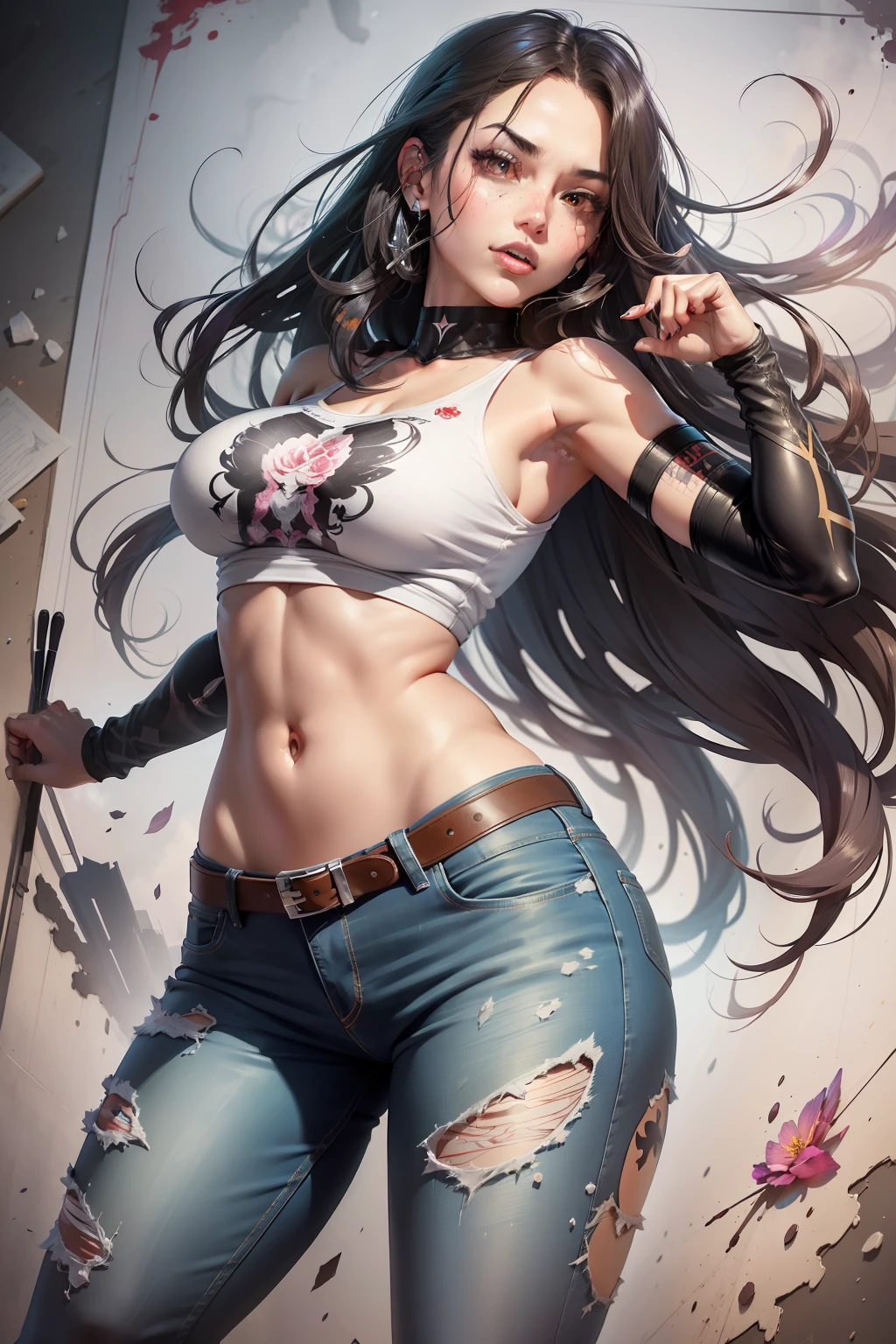 :: comix style by Serg Acuna:: beautiful, perfect and detailed, ultra detailed anime style mmorpg last origin clothes with tatoon designs and colors of light pink, black, white and gray, in various full-body attack poses and with immersive effects, hover effect, background graffiti style with vibrant colors "ultra HDR" detailed and with focus effect, with black all star converse sneakers (masterpiece: 1.2, best quality), (finely detailed beautiful eyes: 1.2), ((1Girl Kelly Brook Beautiful Woman )),long, straight black hair, with a natural glow and stuck like a ponytail ((Solo)), (Red Eyes:1.4), (Finely detailed eyes and detailed face:1.3),), (With ULTRA DETAILED jeans and a white t-shirt with ultra detailed tatoom print throughout:1.3),  (Beautiful and clear background:1.2), (Extremely detailed CG, Ultra-detailed, Best Shadow:1.1),("" character demonstrating his super power in the fist"")((Depth of field and blur)), ((Watercolor)), Large breasts, Bare shoulders, Flowers and petals, Beautiful conceptual illustration , (white background:0.5), (Illustration :1.1), (extremely thin and beautiful: 1.1), (perfect details: 1.1) graffiti style background, freedom, soul, digital illustration,  perfect anatomy, centered, approaching perfection, dynamic, highly detailed, watercolor painting, artstation, conceptual art, smooth, sharp focus, illustration, art by meat Griffiths and Wadim Kashin, heterochromia, perfect anatomy, centered, approaching perfection, dynamic, highly detailed, character sheet, artstation, conceptual art, smooth, sharp focus, illustration, art by Kim Jung Gi,, Artgerm, Carne Griffiths and Wadim Kashin ,  Sasha Yakovleva, Loish, Jeremy Mann, Full Body Shot, Character Sheet, Lightning Wave, Beautiful Anime Watercolor Painting, Paint Dripping by Tim Okamura, Victor NizoVTSEV, Greg Rutkowski, Noah Bradley. Trend in Artstation, 8K, Masterpiece, Graffiti Ink, Fine Detail, Full of Color, Intricate Detail, Propo Illustration