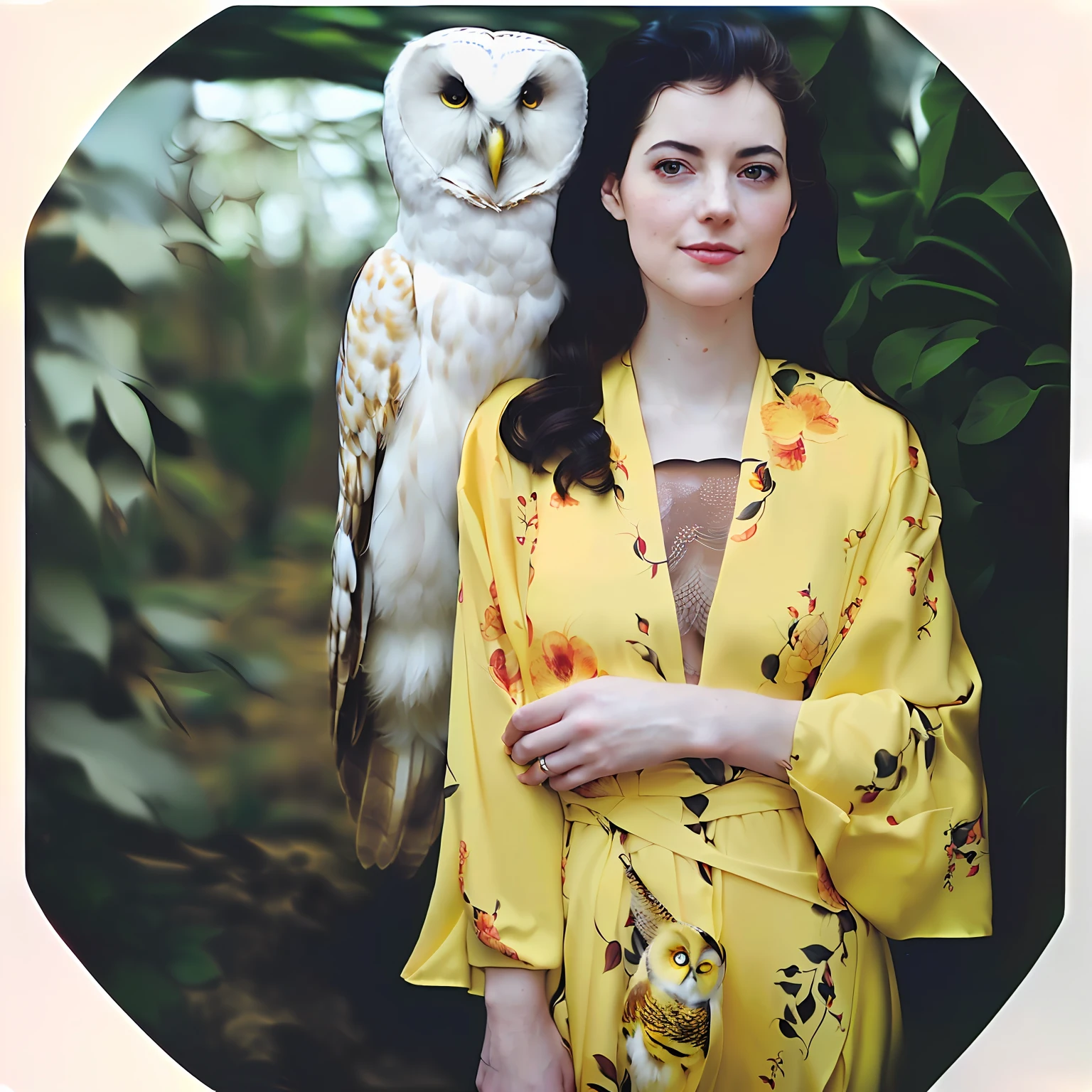 arafed woman in yellow robe holding a white owl on her shoulder, with an owl on her shoulder, portra 8 0 0 ”, emma stone with an owl, jovana rikalo, with a giant robot owl, monia merlo, taken with kodak portra, national geographic photoshoot, taken with polaroid kodak portra, photographed on colour film, yellow robe