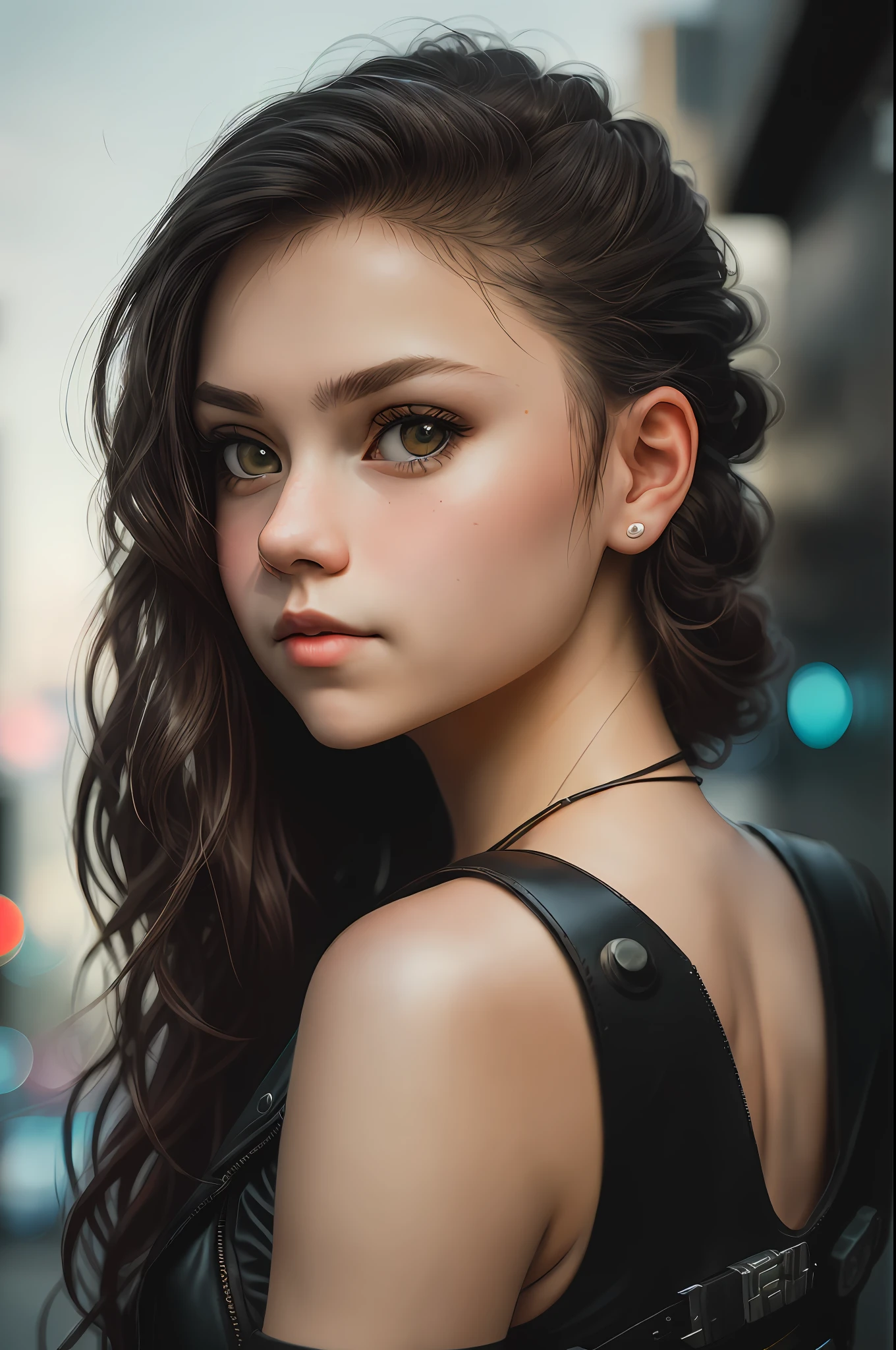 RAW photo, 1 girl, (portrait: 1.2) full body, cute woman in urban cyberpunk costume (high detail leather: 1.2), 8k uhd, DSLR, soft lighting, high quality, film grain, Fujifilm XT3