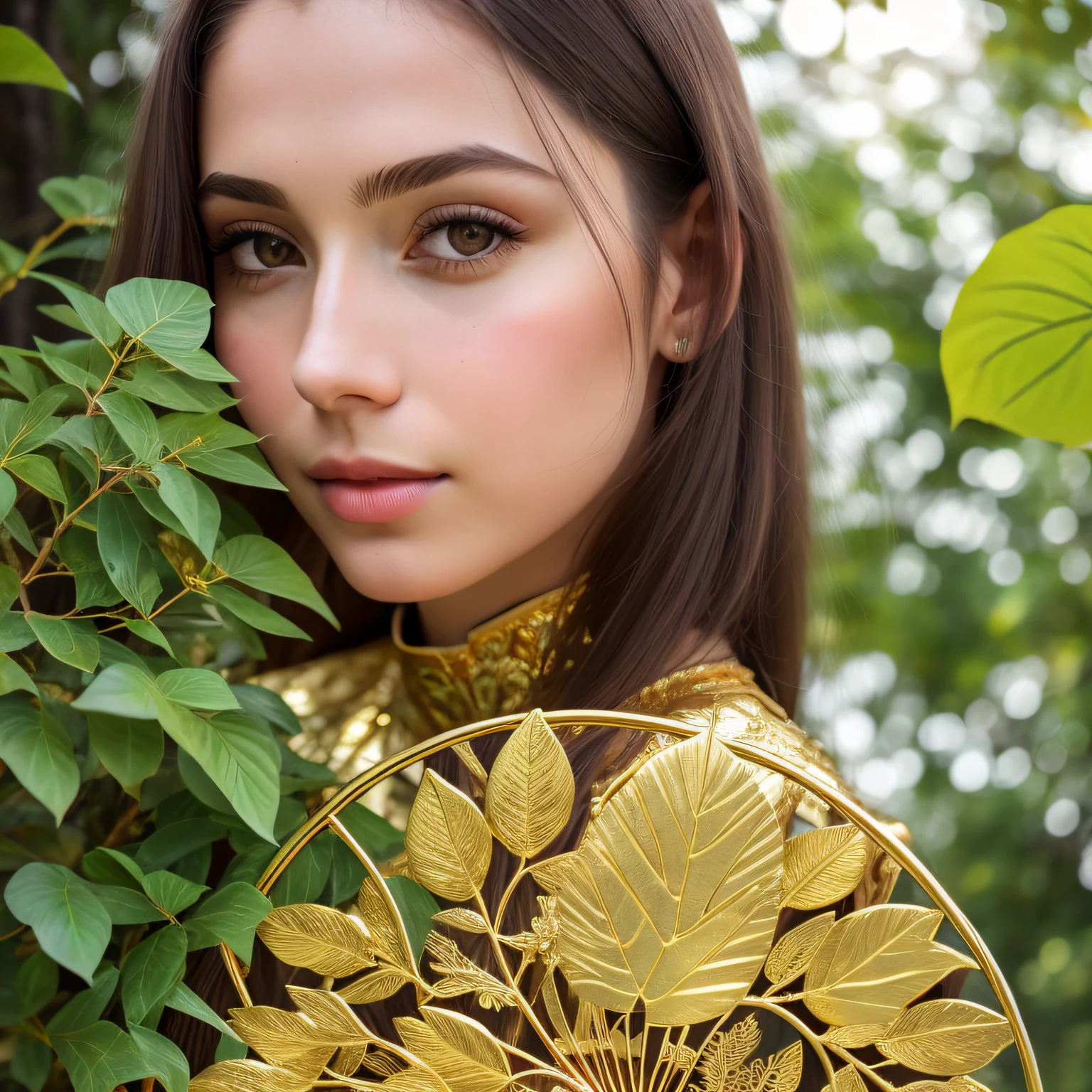 arafed woman holding a fan with a gold leaf design, anna nikonova, alexandra fomina, shades of gold display naturally, a stunning young ethereal figure, portrait 4 / 3, alina ivanchenko, touch of gold leaf, gold leaves, touches of gold leaf, intricate beauty, julia gorokhova, yulia nevskaya