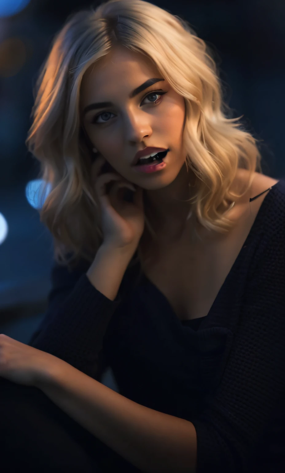 a close up of a woman sitting on a bench with a cell phone, attractive girl, beautiful model, 8k artgerm bokeh, blonde, 4k fashion shoot, tv commercial, soft portrait shot 8 k, attractive woman, stunning model, sexy look at the camera, gif, ana de armas, handsome girl, anna nikonova aka newmilky