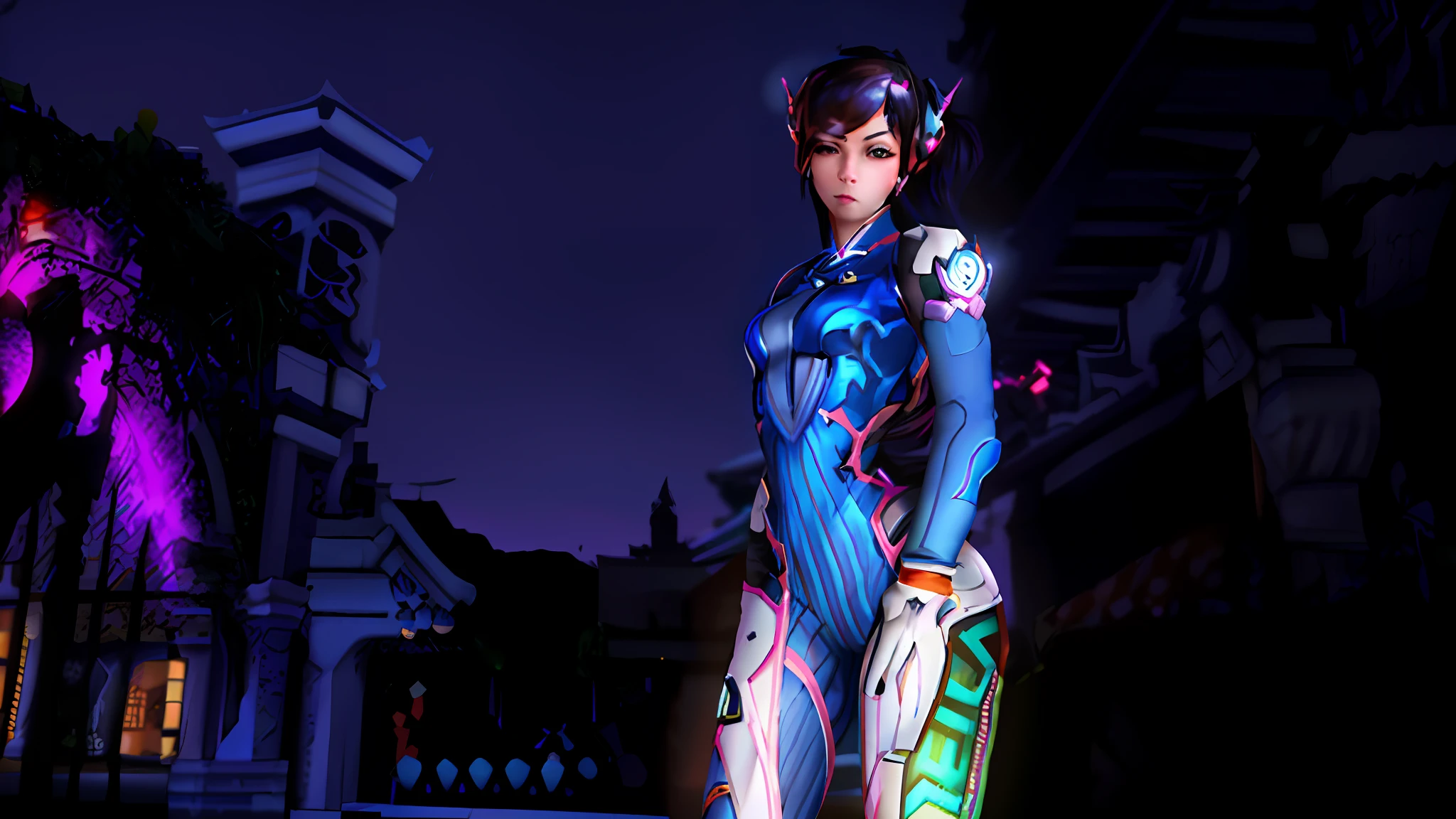 there is a woman in a blue and white outfit d.va from overwatch, overwatch inspired, inspired by Leng Mei, echo from overwatch, hero pose colorful city lighting, as overwatch character, as an overwatch character, tracer in a skintight dress, overwatch character, from overwatch, overwatch skin, overwatch style, rendered in sfm