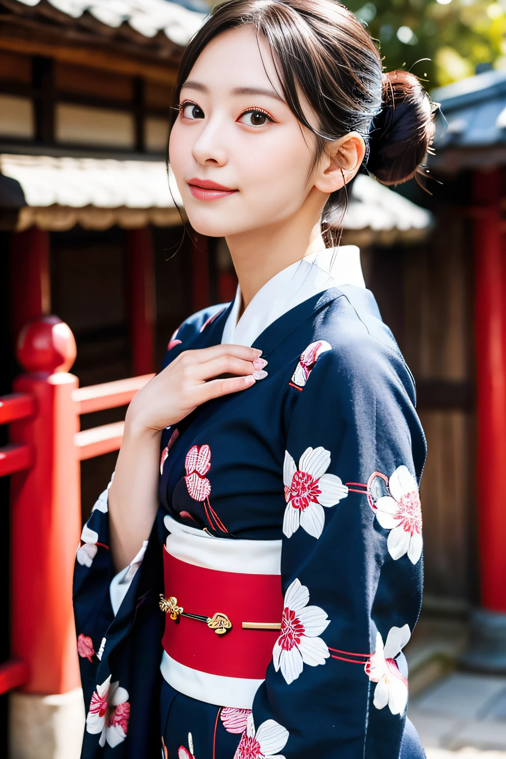 (8k, RAW photos, top quality, masterpiece: 1.2), ultra detail, ultra high resolution, (realistic, realistic photos: 1.37), portraits, high-definition RAW color photos, professional photos, very delicate and beautiful, highly detailed 8k wallpapers, amazing, detail, huge file size, official art, highly detailed CG Unity 8k wallpapers, very detailed beautiful girl, highly detailed face, very detailed eyes , very detailed skin, very detailed fingers, very detailed nose, very detailed mouth, perfect anatomy, very detailed background, very detailed clothes, 1 girl, (long black hair), hair bunched, (18 years old: 1.2), beautiful woman, (small breasts: 1.2), realistic body, petite, fair skin, shiny skin, slender figure, good figure, shiny black hair, smile, cute, young, cute face, realistic face, beautiful detailed eyes, long eyes, blushing cheeks, (traditional Japan kimono: 1.4), contrapposto, outdoor, (day: 1.4), japanese style, dynamic lighting, kyoto's river