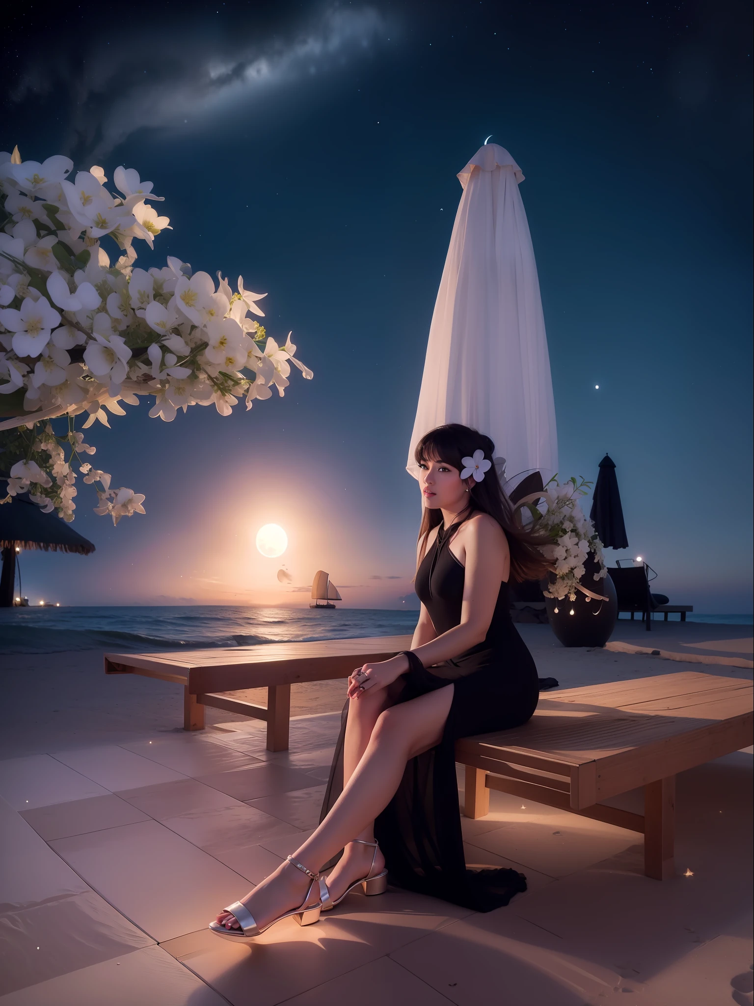 Starry night at beach, moon light, ultra detailed beautiful legs, ultra detailed beautiful toes, ultra detailed beautiful hands, ultra detailed beautiful face, ultra detailed beautiful eyes, beautiful girl, wearing middle high heels