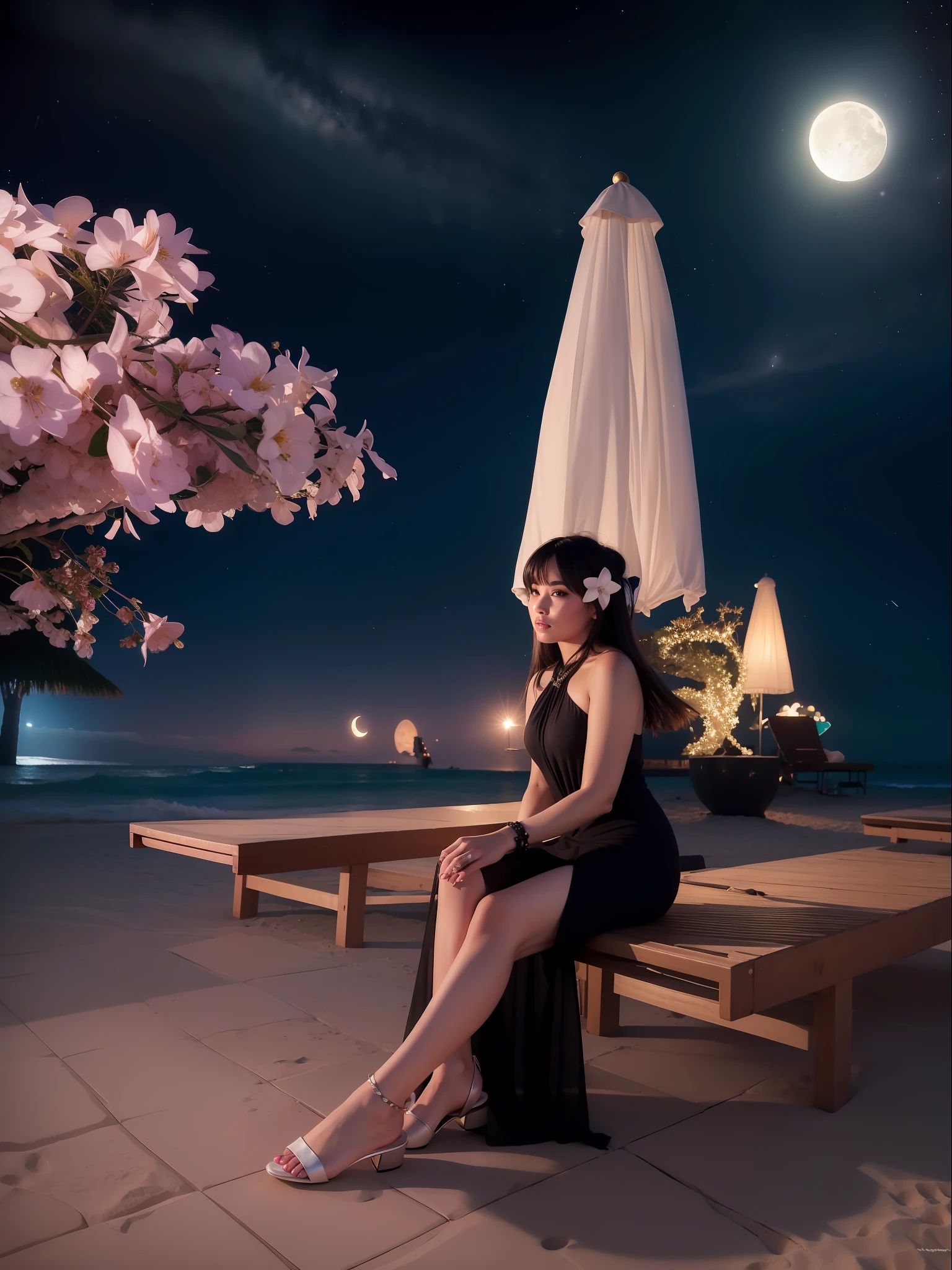 Starry night at beach, moon light, ultra detailed beautiful legs, ultra detailed beautiful toes, ultra detailed beautiful hands, ultra detailed beautiful face, ultra detailed beautiful eyes, beautiful girl, wearing middle high heels