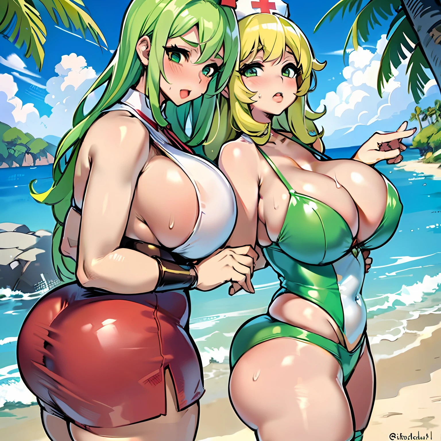 Anime girl, big butt, huge breasts, big hips, curvy girl, fleshy lips, soft skin, green and blonde hair, thick legs, thick thighs, beach, prancing ass, sweating, botox lips, mini skirt, (nurse, kiss on the mouth, 2 girls).