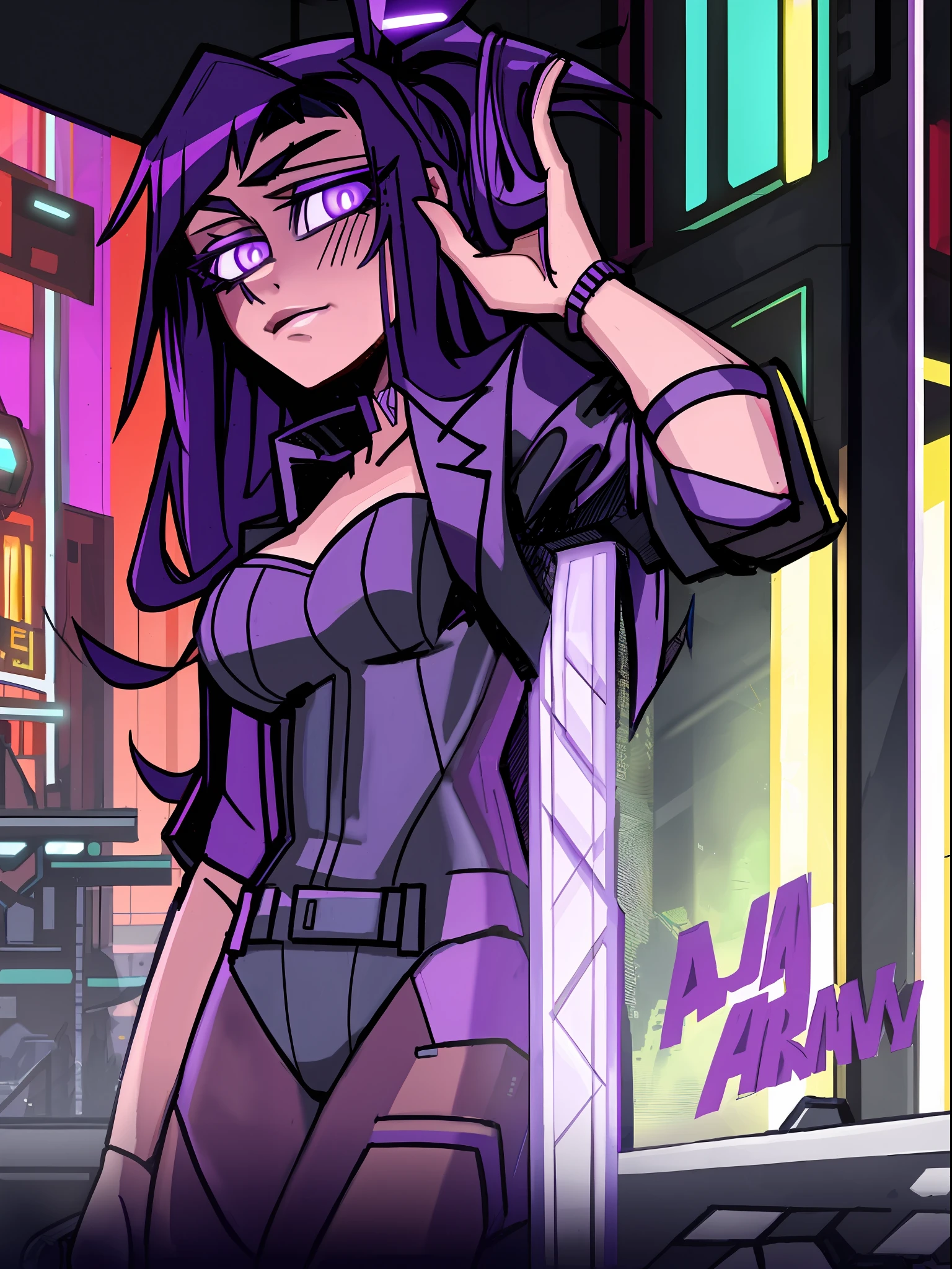 cyberpunk bunny girl with a leather jacket and purple bunny ears, purple bangs long hair