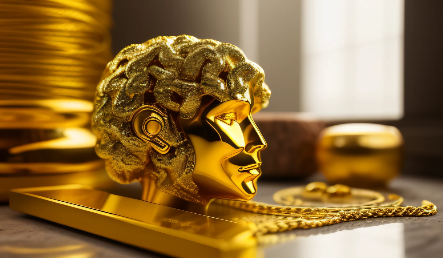 Man DISPLAY OF GOLD STONES IN HIS HOME HOME, Gold Flows Oil Of Yarn Cyborg Man | With Visible Detailed Brain | fios musculares Biopunk | Cybernetics | Cyberpunk | Busto de mármore branco Canon M50 | 100 mm | Sharp Focus | Smooth | Hyperrealism | Very detailed | Complex Details | sculpted by Michelangelo