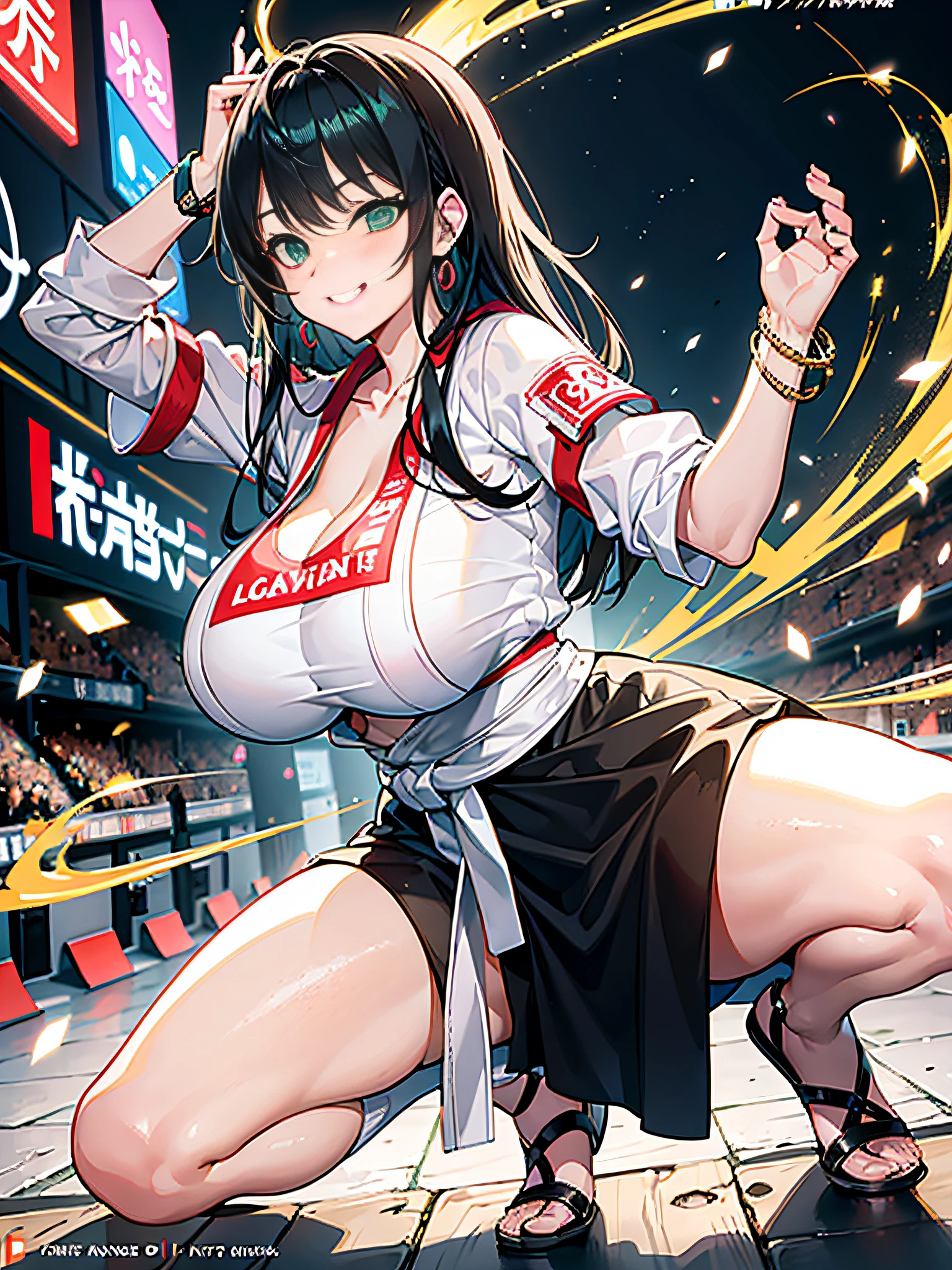 Masterpiece, Superb Style, Full Body, 1girl, Bangs, Black Hair, White Karate Clothes, Karate Pose, Blush, Beautiful Breasts, Huge Tits, Waist Clothes, Collarbone, Grin, Gyaru, Jewelry, Long Hair, Looking at the Audience, Green Eyes, Smile, Solo, Street, Sky, Illustration, Woman, Energetic, Frontal, Colorful, Dynamic, Background, Element, Confident, Expressive, Hold, Statement, Attachment, Majestic, Coiled, Around, Touch, Scene, Text, Cover, Bold, Eye-catching, Title , fashion, font, catchy, title, bigger, eye-catching, focused