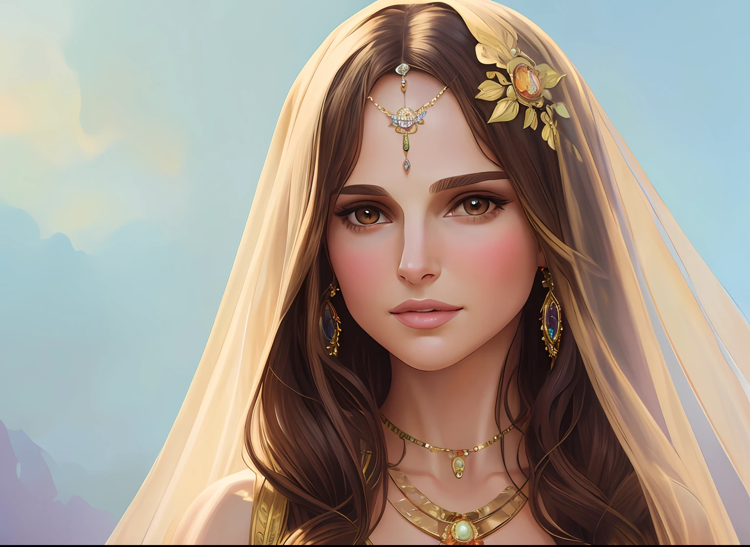 a painting of a woman with long hair and a necklace, portrait of natalie portman,looking at camera, natalie portman as a goddess, realistic cute girl painting, gorgeous digital painting, in the art style of alphonse mucha,Afarin Sajedi. 8k high quality detailed art, realistic art style, high quality portrait, kawaii realistic portrait, unreal 5. rpg portrait, high quality 16k digital art --auto --s2