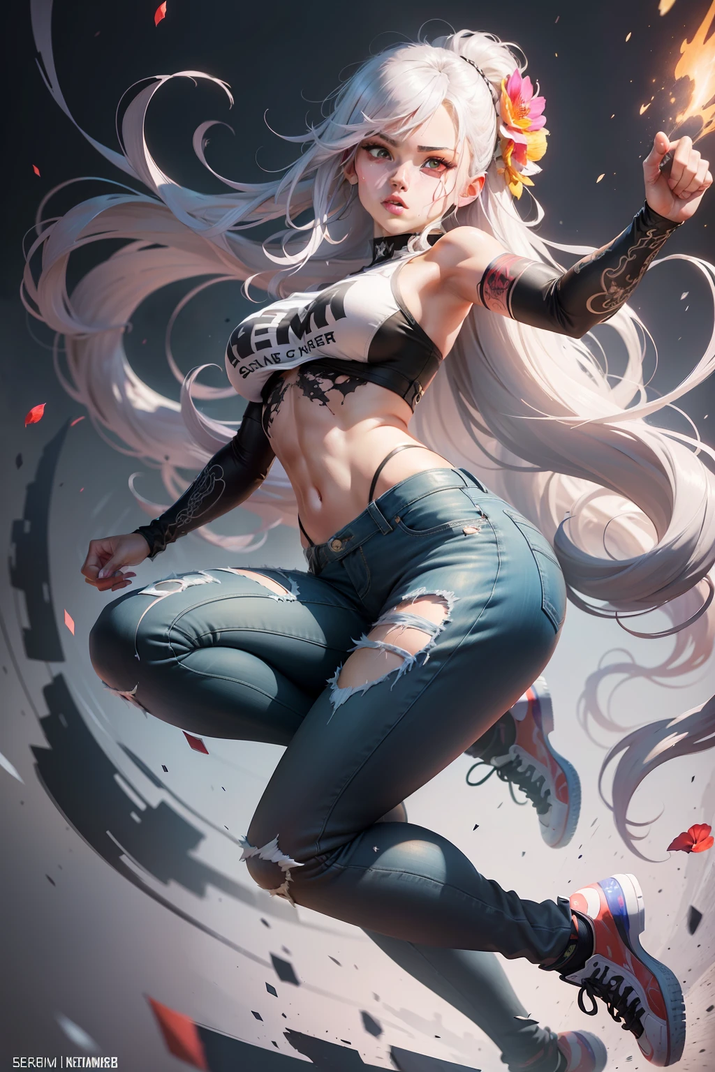 :: comix style by Serg Acuna:: beautiful, perfect and detailed, ultra detailed anime style mmorpg last origin clothes with tatoon designs and colors of light pink, black, white and gray, in various full-body attack poses and with immersive effects, hover effect, background graffiti style with vibrant colors "ultra HDR" detailed and with focus effect, with black all star converse sneakers (masterpiece: 1.2, best quality), (finely detailed beautiful eyes: 1.2), ((1Girl Kelly Brook Beautiful Woman )),long, straight black hair, with a natural glow and stuck like a ponytail ((Solo)), (Red Eyes:1.4), (Finely detailed eyes and detailed face:1.3),), (With ULTRA DETAILED jeans and a white t-shirt with ultra detailed tatoom print throughout:1.3), (Beautiful and clear background:1.2), (Extremely detailed CG, Ultra-detailed, Best Shadow:1.1),("" character demonstrating his super power in the fist"")((Depth of field and blur)), ((Watercolor)), Large breasts, Bare shoulders, Flowers and petals, Beautiful conceptual illustration , (white background:0.5), (Illustration :1.1), (extremely thin and beautiful: 1.1), (perfect details: 1.1) graffiti style background, freedom, soul, digital illustration, perfect anatomy, centered, approaching perfection, dynamic, highly detailed, watercolor painting, artstation, conceptual art, smooth, sharp focus, illustration, art by meat Griffiths and Wadim Kashin, heterochromia, perfect anatomy, centered, approaching perfection, dynamic, highly detailed, character sheet, artstation, conceptual art, smooth, sharp focus, illustration, art by Kim Jung Gi,, Artgerm, Carne Griffiths and Wadim Kashin , Sasha Yakovleva, Loish, Jeremy Mann, Full Body Shot, Character Sheet, Lightning Wave, Beautiful Anime Watercolor Painting, Paint Dripping by Tim Okamura, Victor NizoVTSEV, Greg Rutkowski, Noah Bradley. Trend in Artstation, 8K, Masterpiece, Graffiti Ink, Fine Detail, Full of Color, Intricate Detail, Propo Illustration