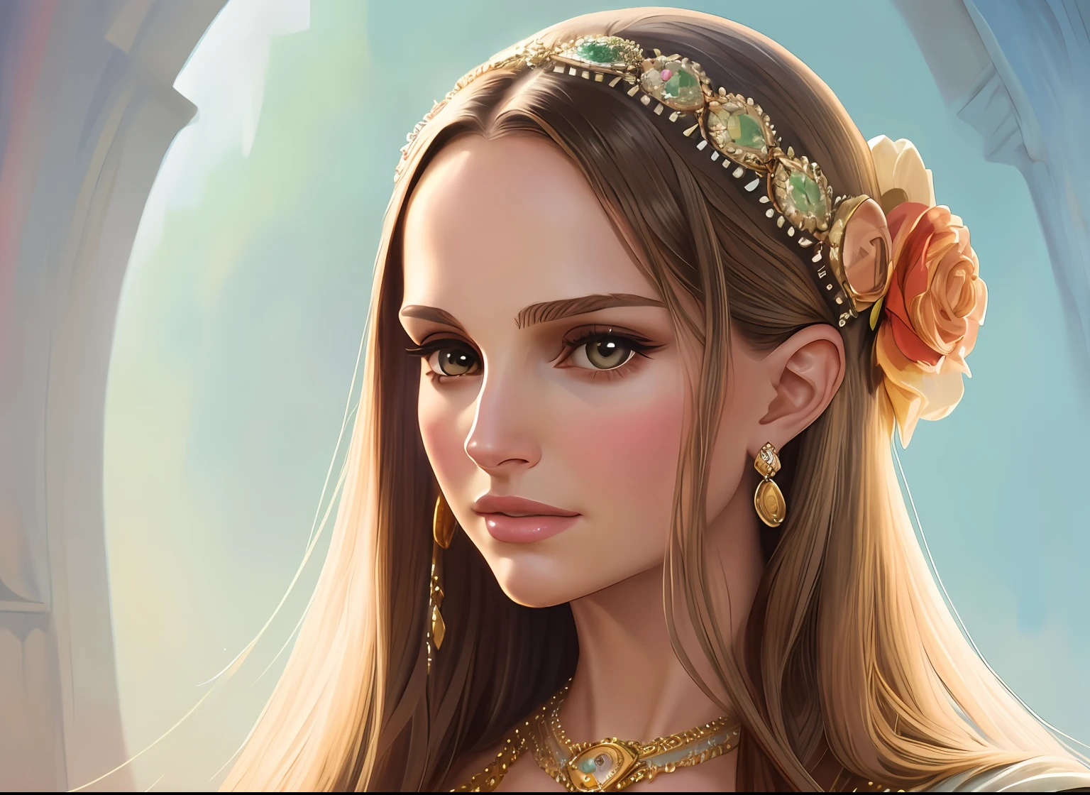 a painting of a woman with long hair and a necklace, portrait of natalie portman,looking at camera, natalie portman as a goddess, realistic cute girl painting, gorgeous digital painting, in the art style of alphonse mucha,Afarin Sajedi. 8k high quality detailed art, realistic art style, high quality portrait, kawaii realistic portrait, unreal 5. rpg portrait, high quality 16k digital art --auto --s2