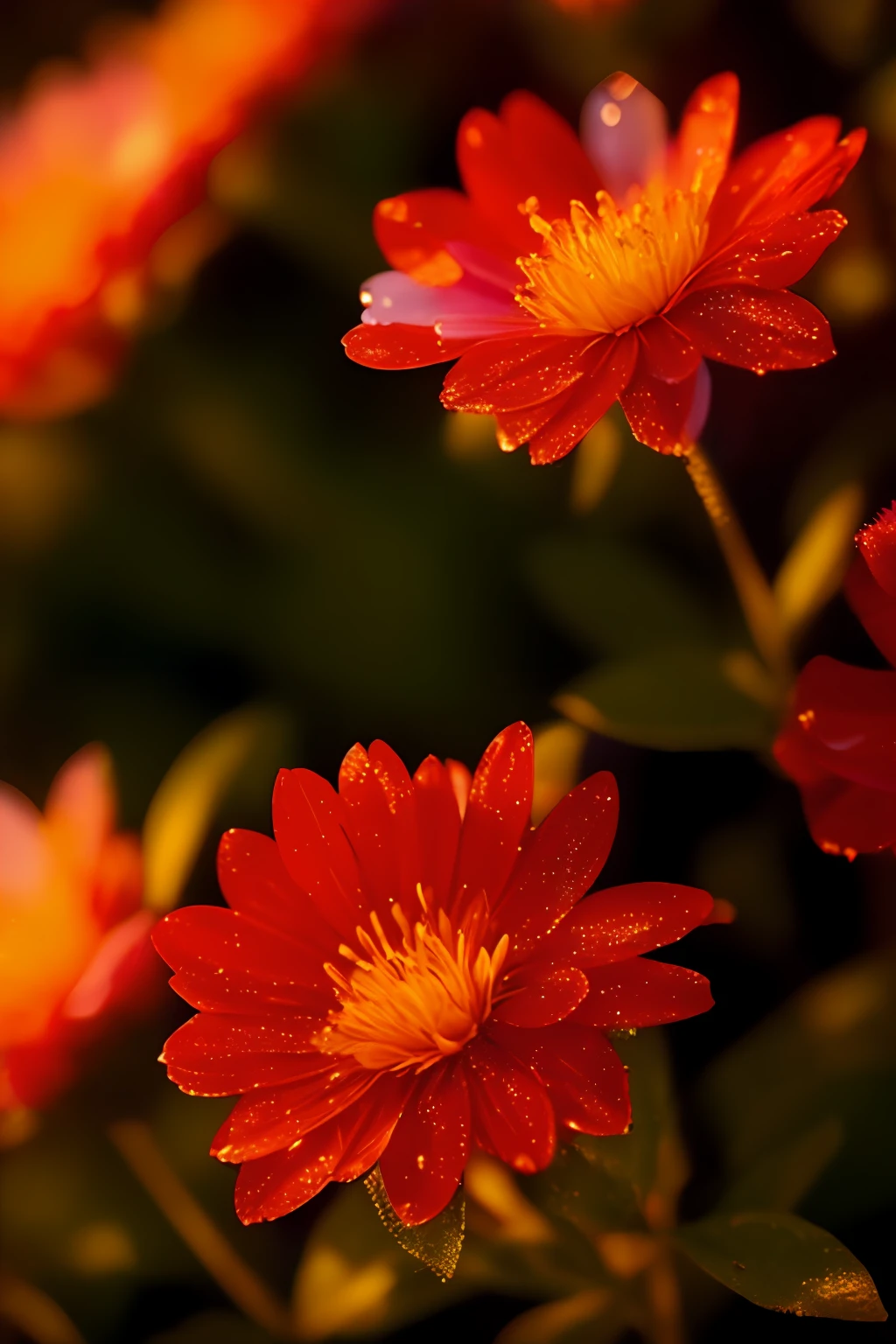 (((bright red flowers))) with dew drops, close-up, macro photography, golden ice, colored background, glow, sunlight and highlights, high detail, full detail, high resolution, glow, rendering, photorealism, 55 mm, volumetric lighting, ray tracing, reflections,