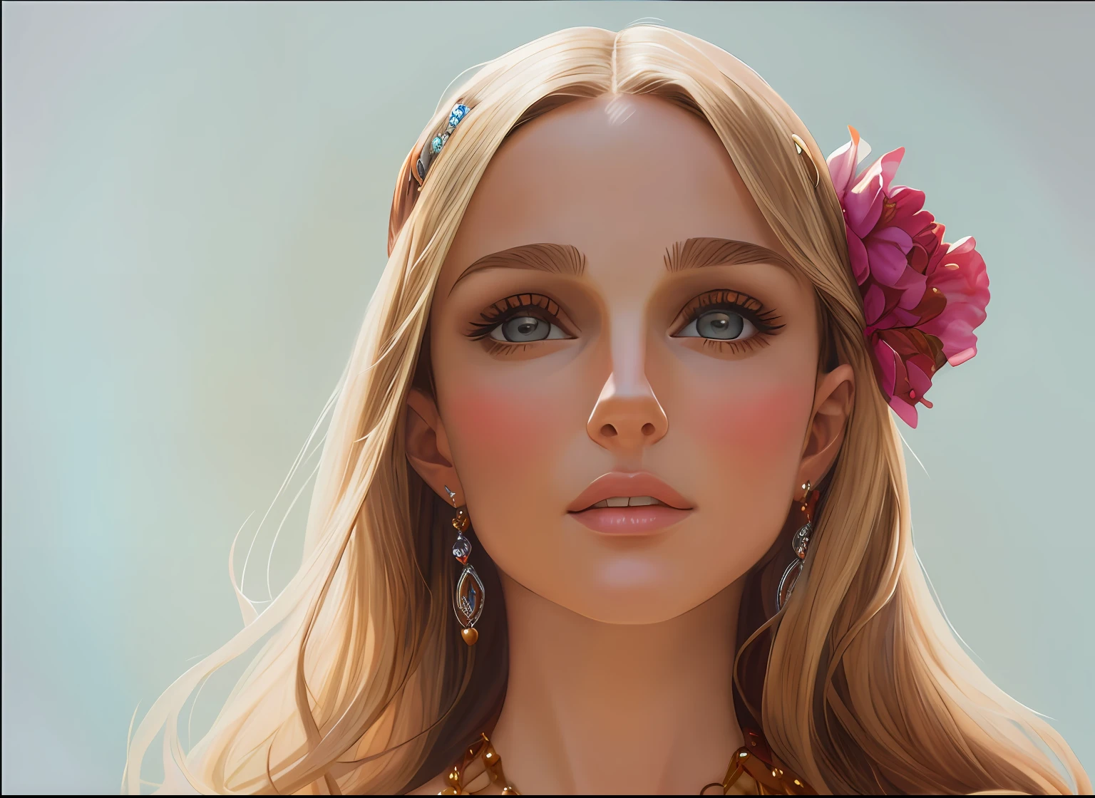 a painting of a woman with long hair and a necklace, portrait of natalie portman,looking at camera, natalie portman as a goddess, realistic cute girl painting, gorgeous digital painting, in the art style of alphonse mucha,Afarin Sajedi. 8k high quality detailed art, realistic art style, high quality portrait, kawaii realistic portrait, unreal 5. rpg portrait, high quality 16k digital art --auto --s2