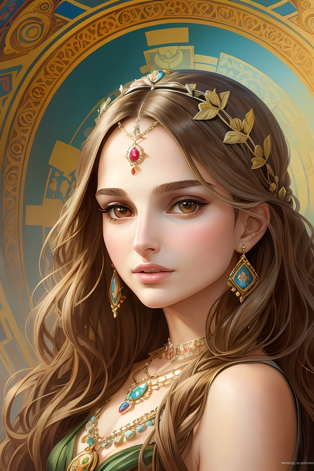 a painting of a woman with long hair and a necklace, portrait of natalie portman,looking at camera, natalie portman as a goddess, realistic cute girl painting, gorgeous digital painting, in the art style of alphonse mucha,Afarin Sajedi. 8k high quality detailed art, realistic art style, high quality portrait, kawaii realistic portrait, unreal 5. rpg portrait, high quality 16k digital art --auto --s2