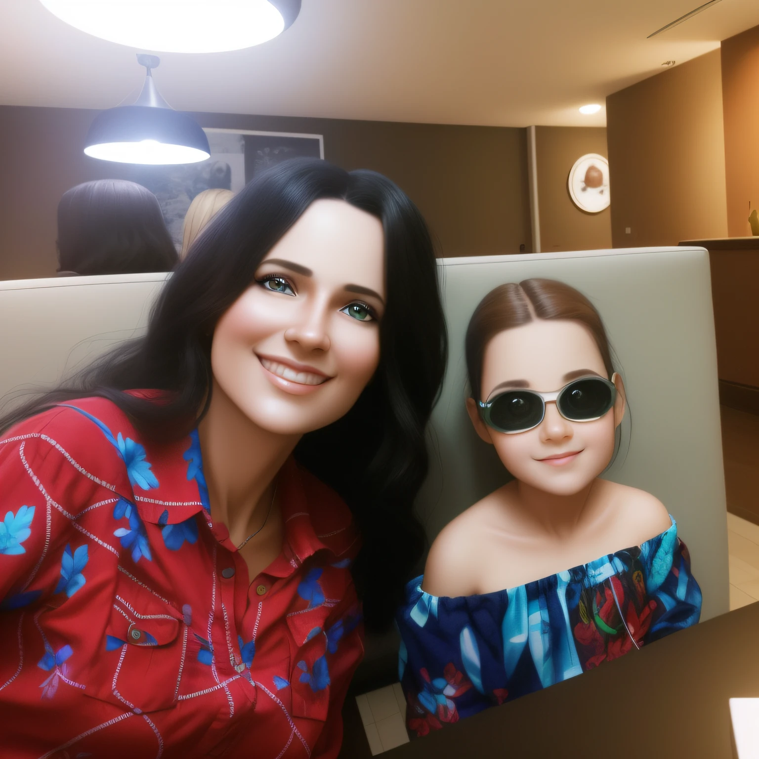 create a portrait of mother and daughter who have turned into 3D Pixar movie characters. captivating eyes, gentle traits of both: mother and daughter. ((high quality 3D resolution)), ((high definition 8k)).