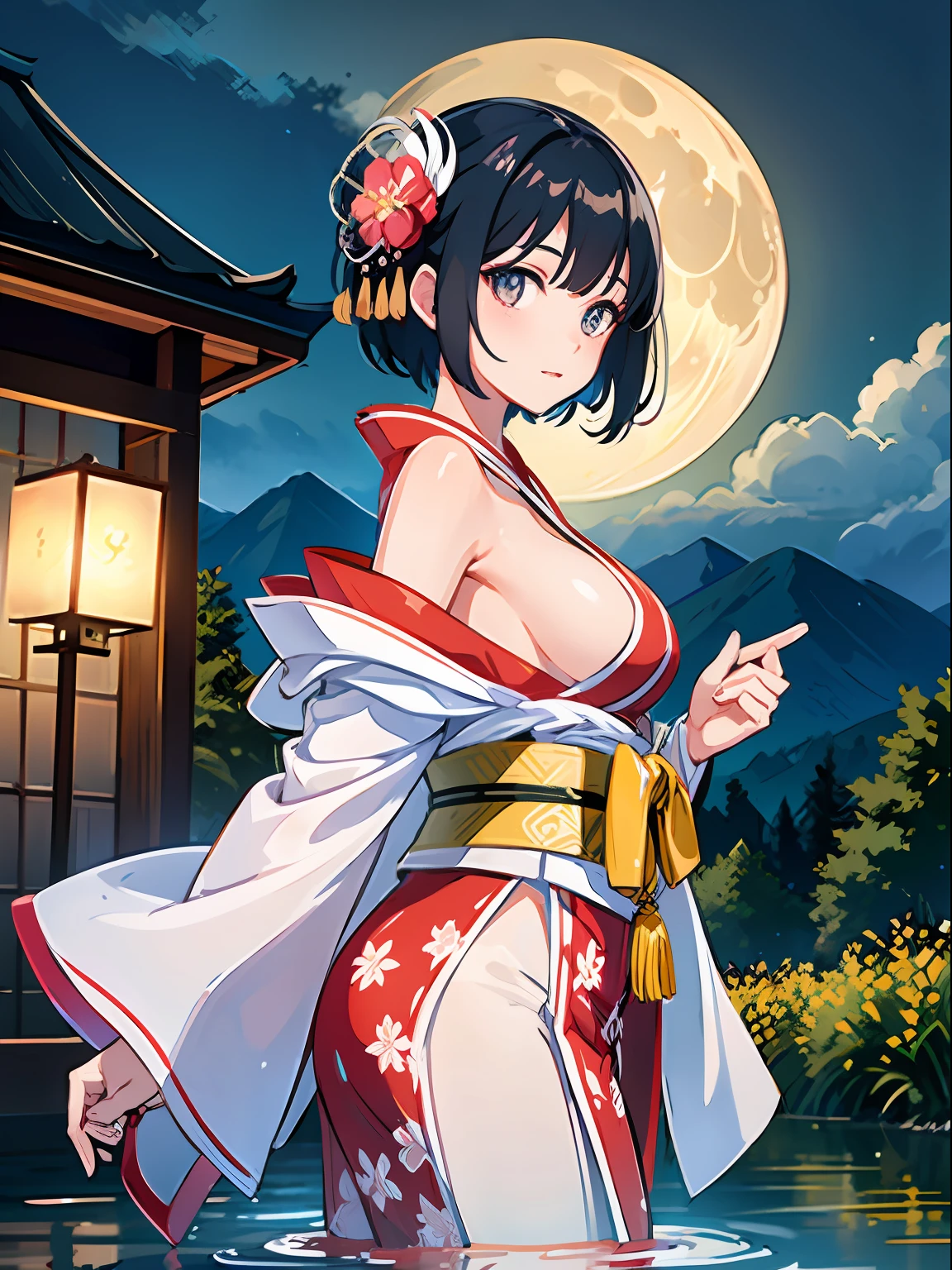 1girl, breasts, moon, lantern, night, solo, large breasts, hair ornament, wet, kimono, japanese clothes, wading, water, hair flower, flower, outdoors, sky, full moon, rain, black hair, off shoulder, mountain, cloud, holding, sash, bare shoulders, paper lantern, standing, white kimono, night sky, sideboob, obi, wet clothes, bangs, tree, from side, reflection, short hair, cloudy sky, wet hair {{(masterpiece),(extremely detailed CG unity 8k wallpaper),best quality,,solo,1girl,cinematic lighting,detailed background,beautiful detailed eyes,bright pupils, (an extremely delicate and beautiful),(Beautiful and detailed eye description), ultra-detailed,masterpiece,}},