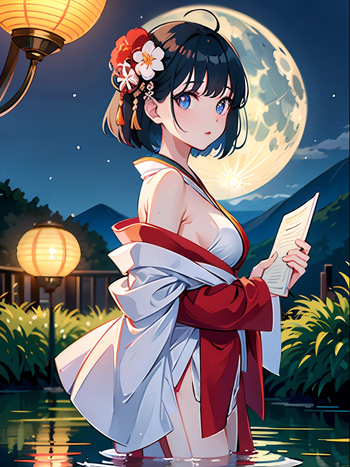 1girl, breasts, moon, lantern, night, solo, large breasts, hair ornament, wet, kimono, japanese clothes, wading, water, hair flower, flower, outdoors, sky, full moon, rain, black hair, off shoulder, mountain, cloud, holding, sash, bare shoulders, paper lantern, standing, white kimono, night sky, sideboob, obi, wet clothes, bangs, tree, from side, reflection, short hair, cloudy sky, wet hair {{(masterpiece),(extremely detailed CG unity 8k wallpaper),best quality,,solo,1girl,cinematic lighting,detailed background,beautiful detailed eyes,bright pupils, (an extremely delicate and beautiful),(Beautiful and detailed eye description)， ultra-detailed,masterpiece,}},
