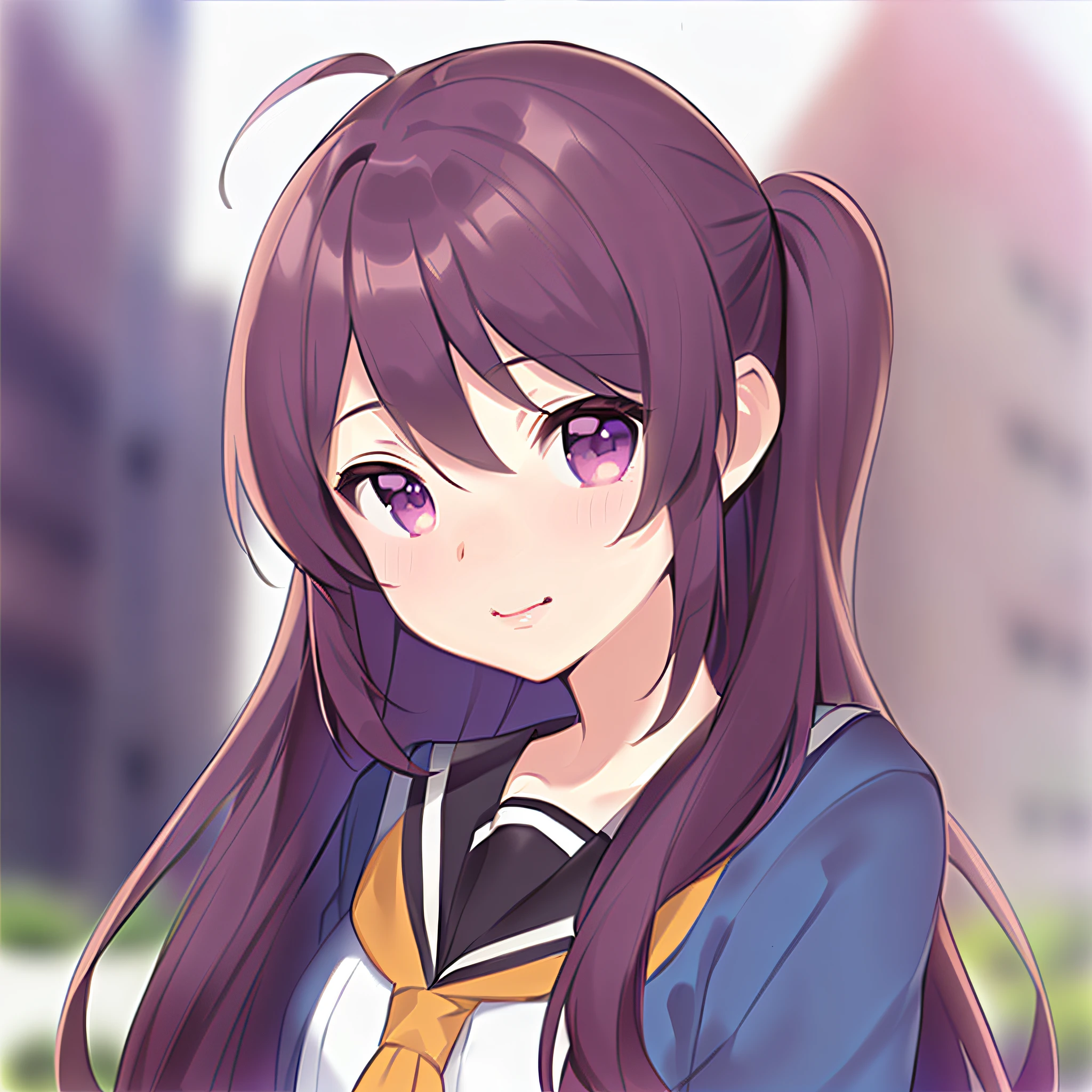 anime girl with long hair and a tie in front of a building, anime moe artstyle, marin kitagawa fanart, anime visual of a cute girl, kawaii realistic portrait, smooth anime cg art, nishimiya shouko, ilya kuvshinov with long hair, portrait anime girl, mai yoneyama, cute anime girl portrait, anime best girl