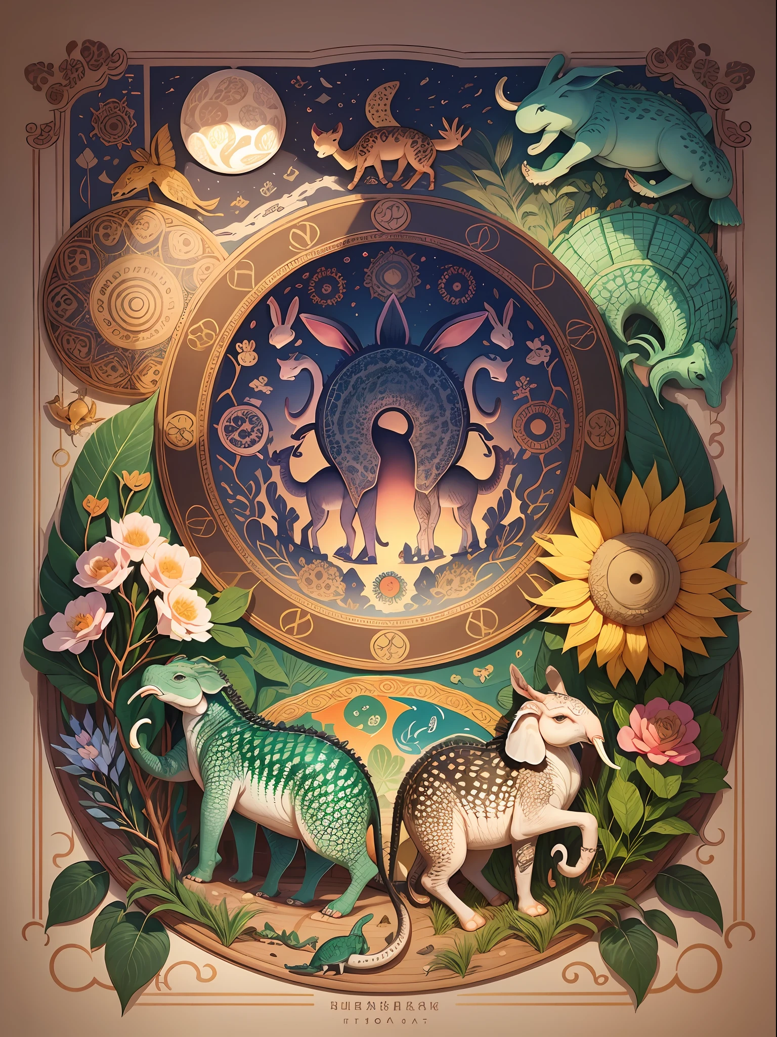 There are many different animal motifs in this photo, elephant, crocodile, rabbit and other animal patterns, cute, hand drawn illustration, colorful, Wang Chen, crocodile Loki, art cover, ƒ5.6,🦩🪐🐞👩🏻🦳; 🌞🌄 , code, 🪔 🎨 metaverse --auto --s2