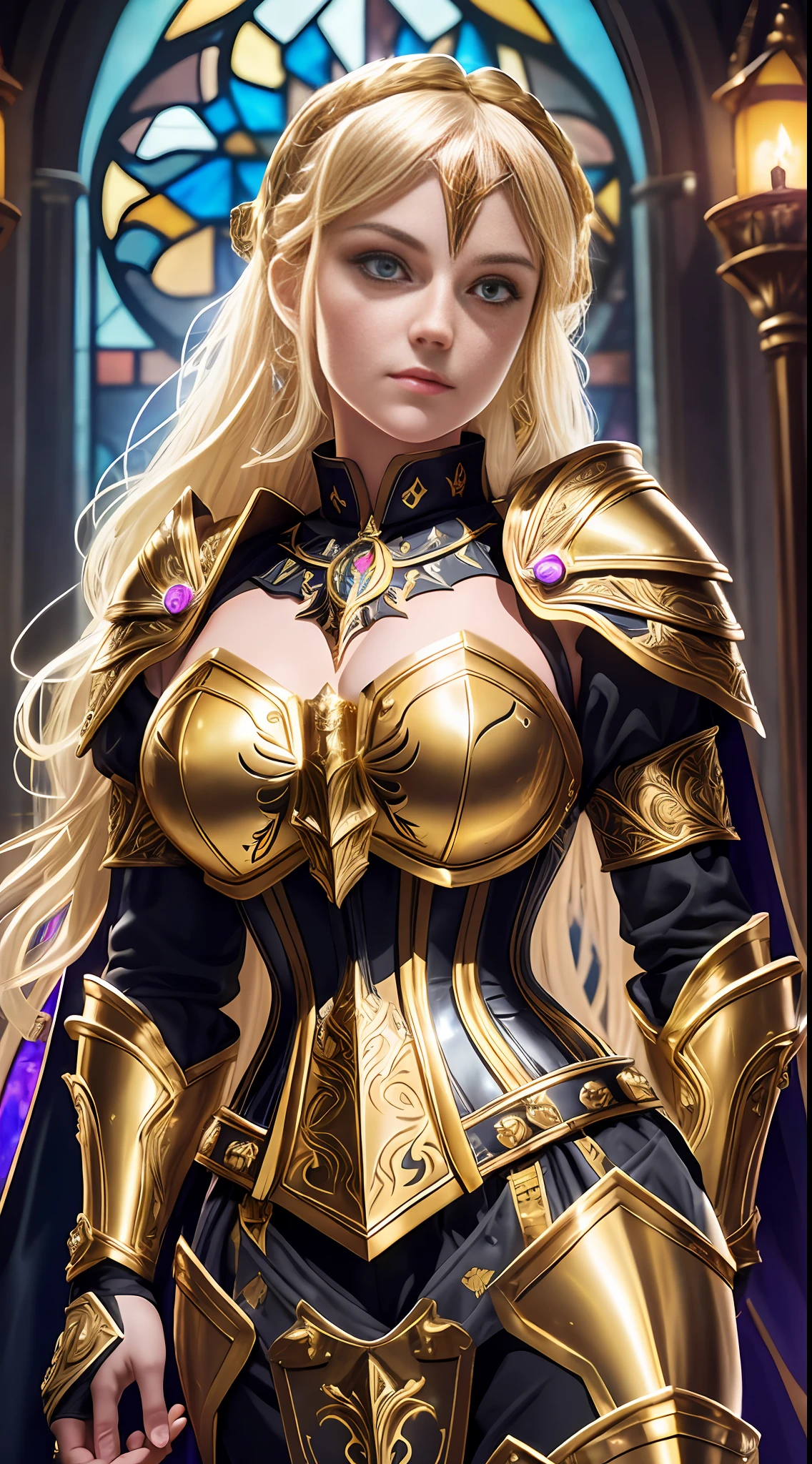 upper body of paladin lady in ornate golden armor, black collar, pauldrons, breastplate, corset, glowing halo, single braid, blonde, yellow glowing eyes, bright pupils, eye focus, red cape, temple indoors, stained glass windows, night, moonlight, particles, light beam, chromatic aberration