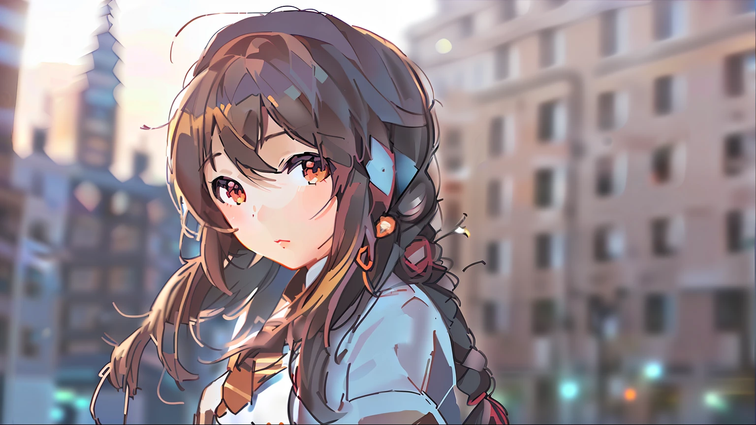 anime girl with long hair and a tie in front of a building, anime moe artstyle, marin kitagawa fanart, anime visual of a cute girl, kawaii realistic portrait, smooth anime cg art, nishimiya shouko, ilya kuvshinov with long hair, portrait anime girl, mai yoneyama, cute anime girl portrait, anime best girl