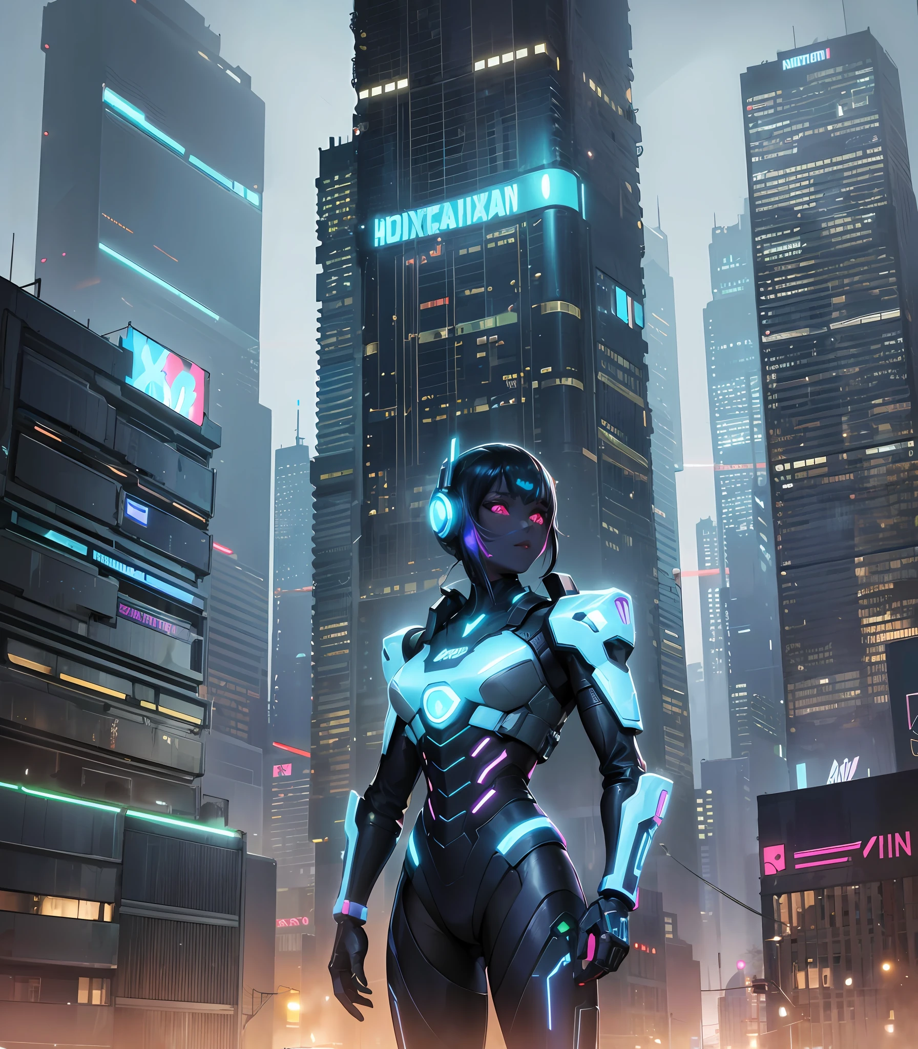 photo of, in a bustling city of towering skyscrapers and sleek hovercars, a lone warrior stands on the edge of a neon-lit rooftop. their cybernetic armor glows with a faint blue light, and their advanced weapons hum softly in the background. the cityscape stretches out before them, a maze of dazzling lights and dark alleys. ((in the style of simon stålenhag)), with a ((cyberpunk)) aesthetic, this is a futuristic scenario that promises an image both captivating and awe-inspiring., best quality, high quality, highres, high resolution fix