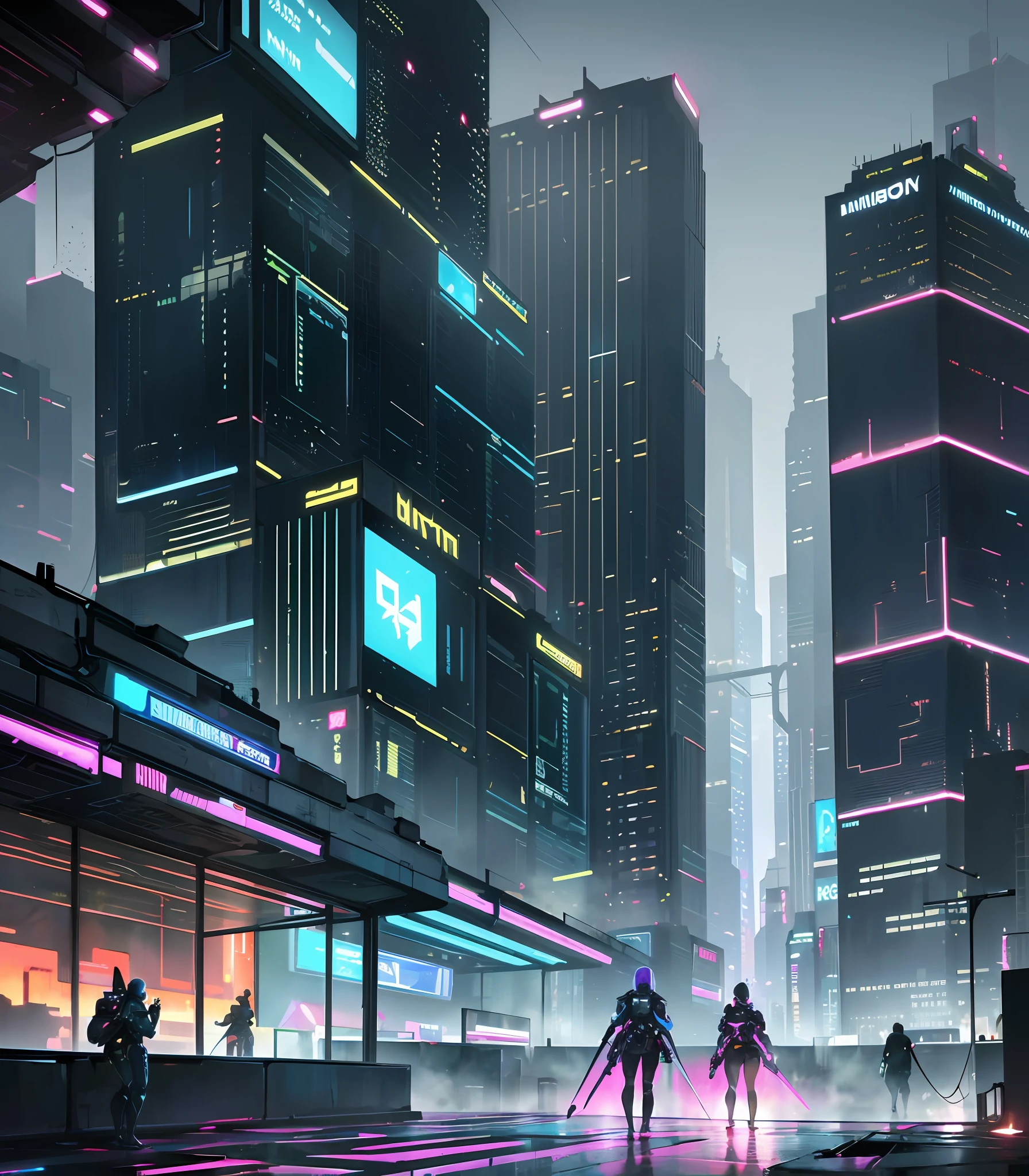 photo of, in a bustling city of towering skyscrapers and sleek hovercars, a lone warrior stands on the edge of a neon-lit rooftop. their cybernetic armor glows with a faint blue light, and their advanced weapons hum softly in the background. the cityscape stretches out before them, a maze of dazzling lights and dark alleys. ((in the style of simon stålenhag)), with a ((cyberpunk)) aesthetic, this is a futuristic scenario that promises an image both captivating and awe-inspiring., best quality, high quality, highres, high resolution fix