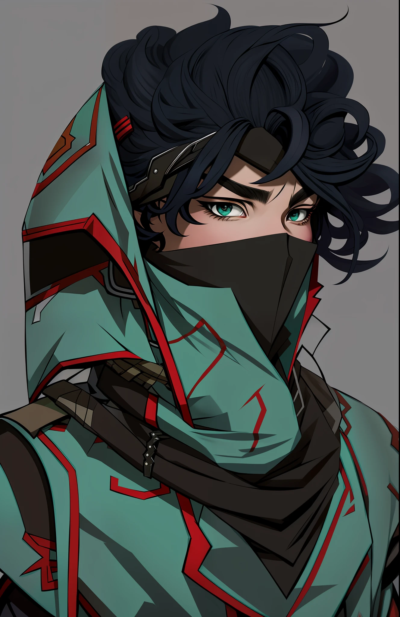 a drawing of a person with a scarf on and a hood on, unknown artstyle, sage ( valorant ), jett from valorant, portrait of a dnd character, concept headshot art, sketchy artstyle, trigger anime artstyle, detailed character portrait, afrofuturism anime, but the armor covers her face, portrait dnd, colored sketch, as a dnd character