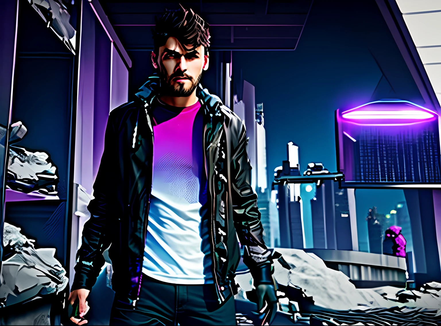 KEEP ORIGINAL FACE, ADD WEAPONS IN MY HANDS, ADD MATTE BLACK AND PURPLE COLOR TO MY CLOTHES, ADD A FUTURISTIC SCENERY AROUND ME, ADD ENEMIES AROUND ME, 4K IMAGE QUALITY, WELL POLISHED IMAGE