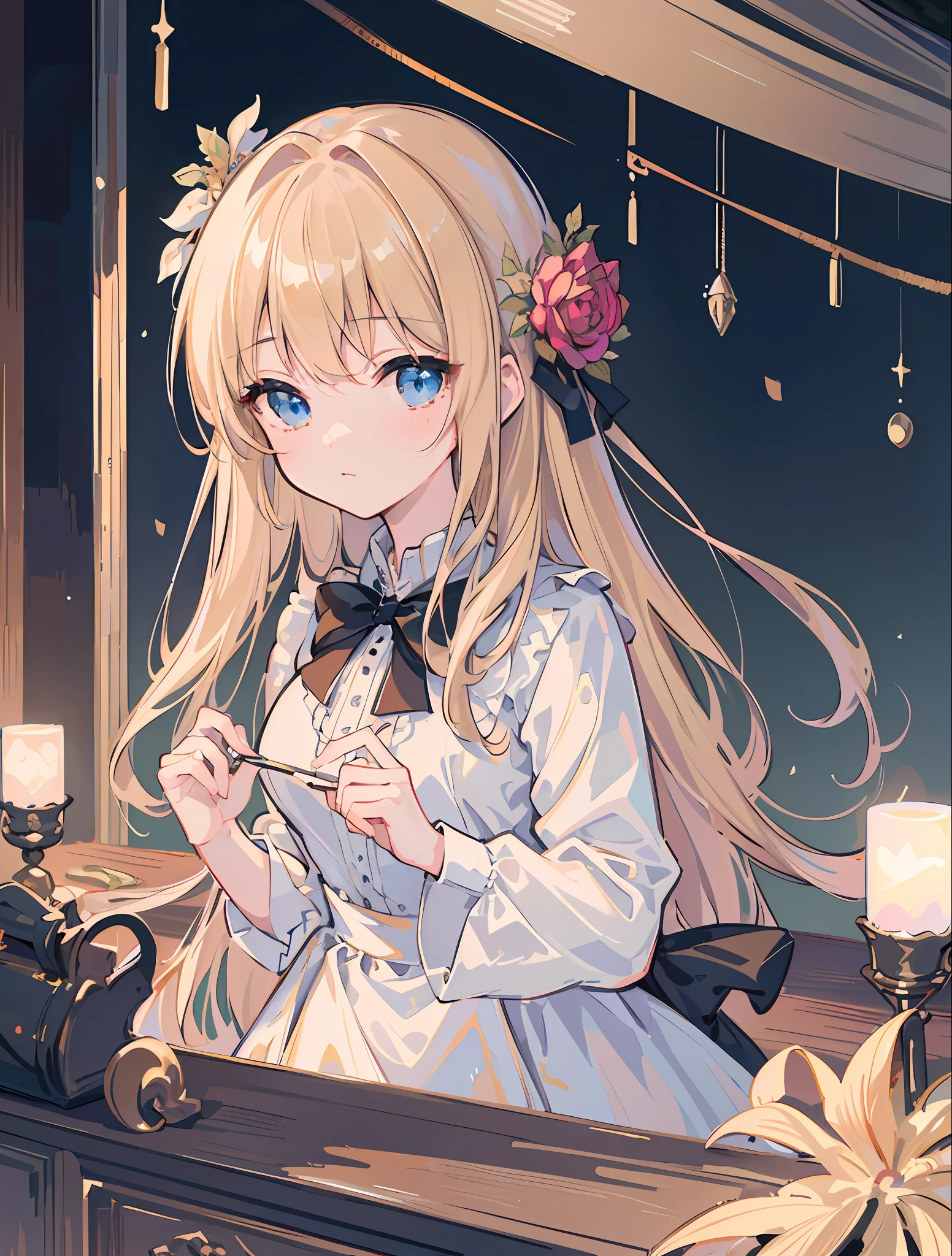((top quality, masterpiece, illustration, very delicate and beautiful, highly detailed, CG, unity, 8k wallpaper, wonderful, detailed, masterpiece, top quality, official art, highly detailed CG Unity 8k wallpaper)), one, woman, blonde, blue eyes, long hair, gothic ta, spotlight, cute
