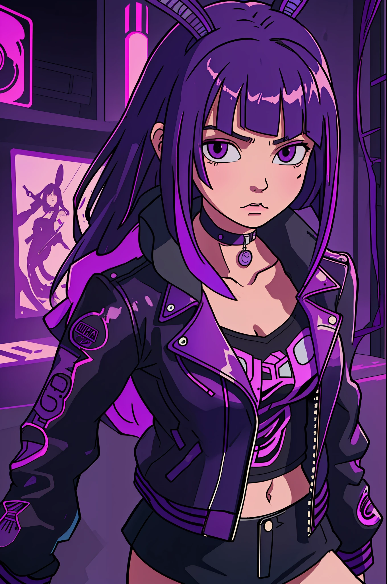 a waist-length portrait of a punk girl in a leather jacket, bob hairstyle, choker, cyberpunk bunny girl with a leather jacket and purple bunny ears, purple bangs long hair intricate, highly detailed, cinematic composition, cinematic lighting, hyperdetailed, (moebius art style:1.2)