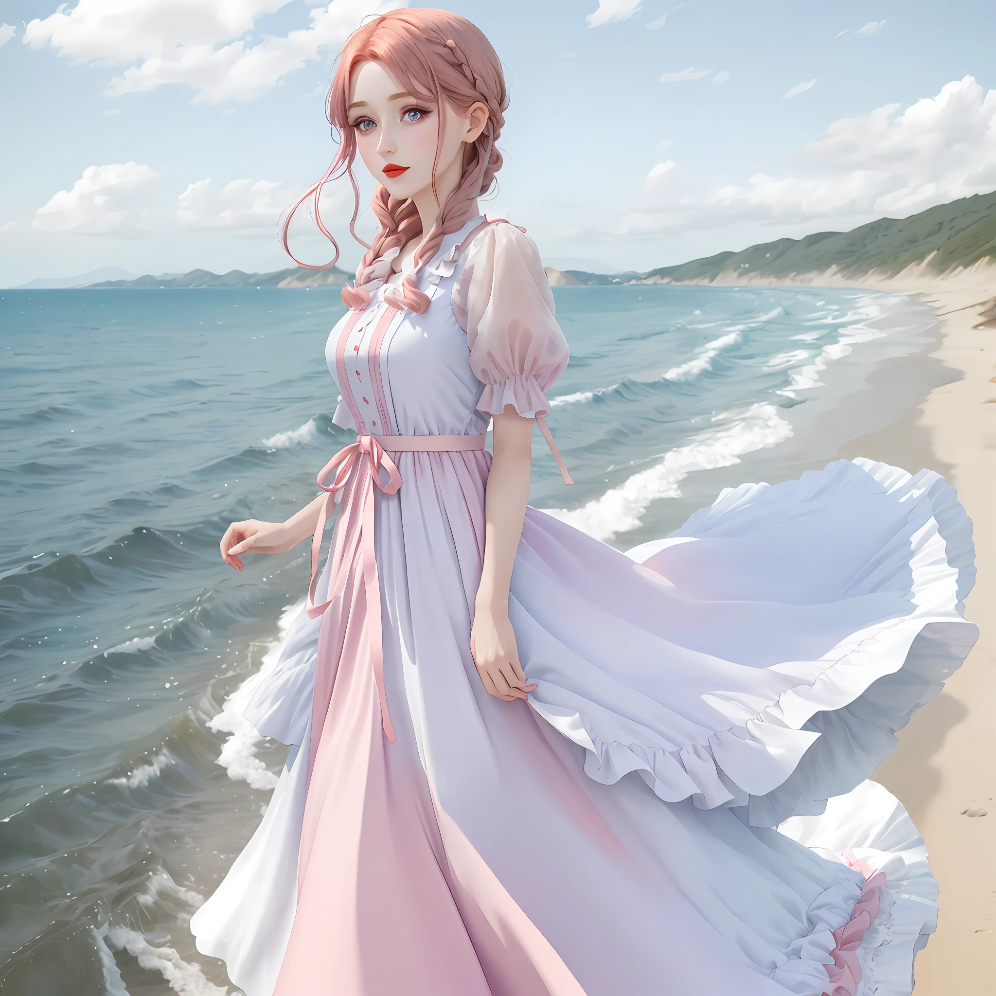 Long eyelashes, apricot eyes, big red lips, pink hair, blue eyes, white gauze dress