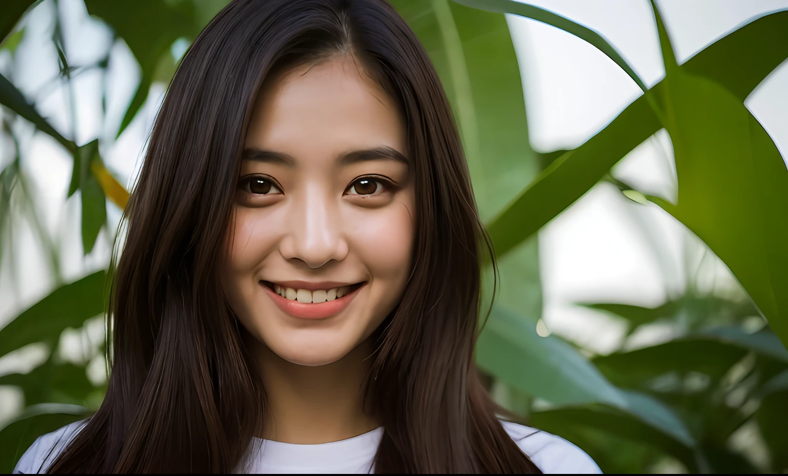 Best quality, masterpiece, ultra high res, (photorealistic:1.37), (smile:1.2),Papaya forest in the background,raw photo, 1girl, long hair, beautifull eyes, beautifull face, detailed eyes and face, t-shirt, dynamic lighting, in the dark, deep shadow, low key, full body